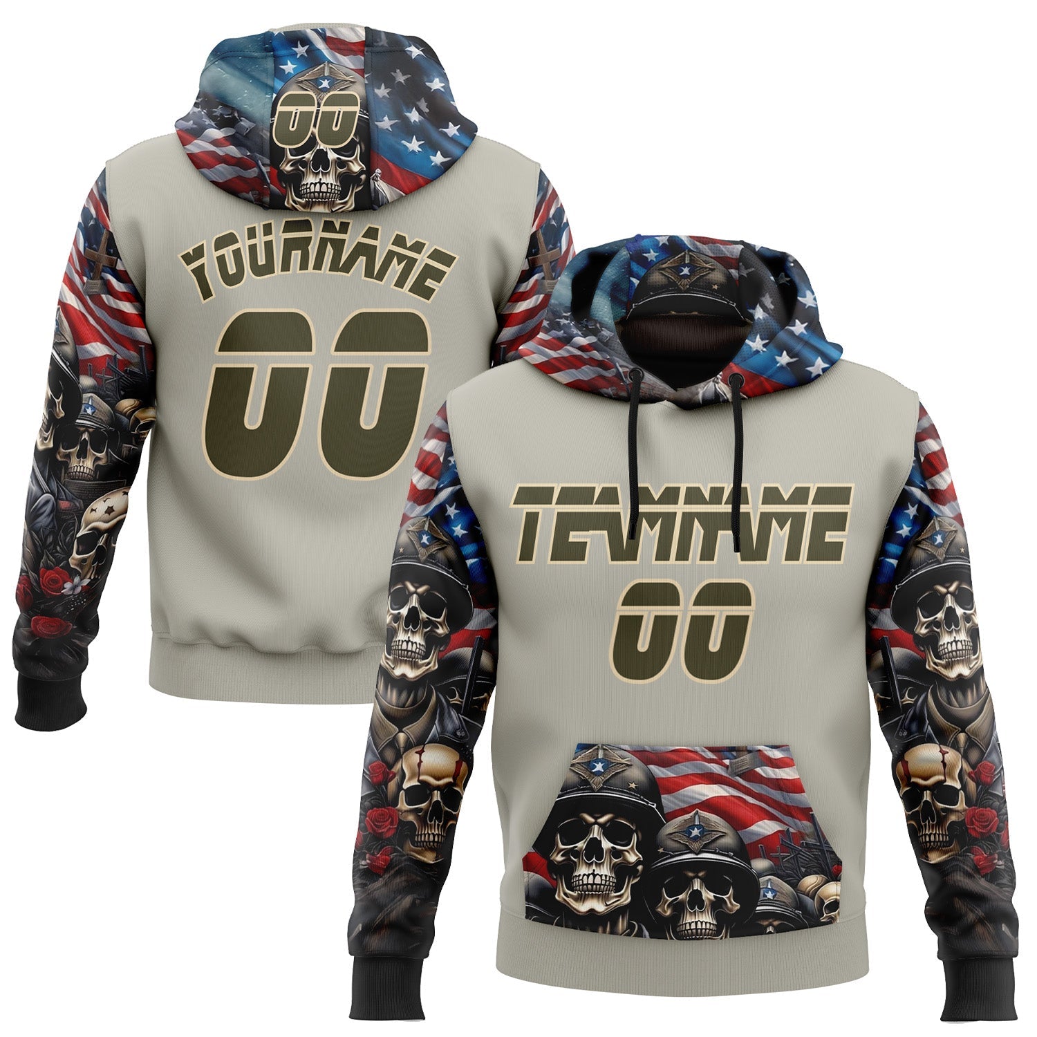 Custom Gray Olive-City Cream 3D Skull American Flag Inspired Veterans Sports Pullover Sweatshirt Hoodie - Main View