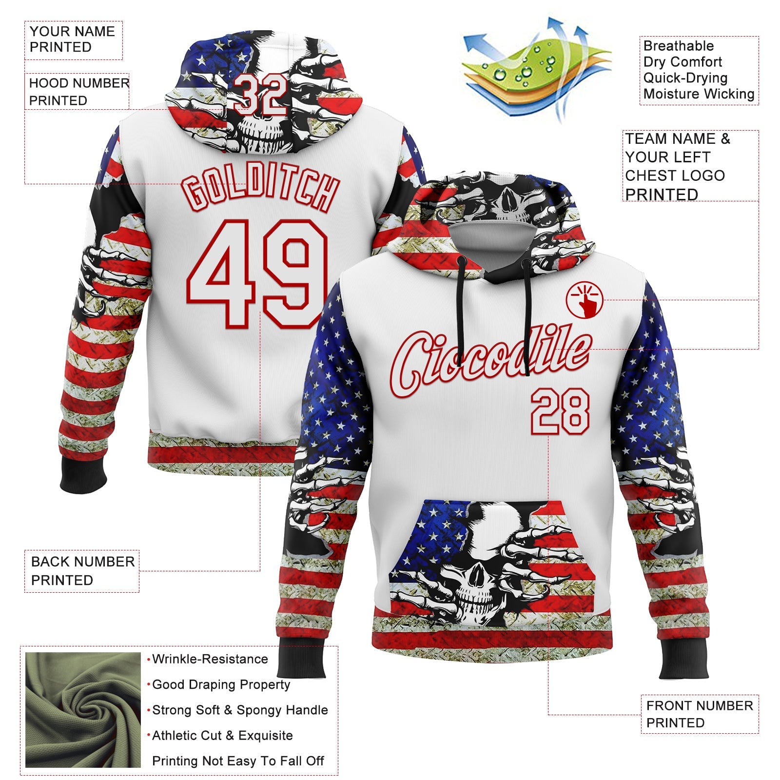 Custom White Red 3D Skull American Flag Grunge Art Sports Pullover Sweatshirt Hoodie view 2