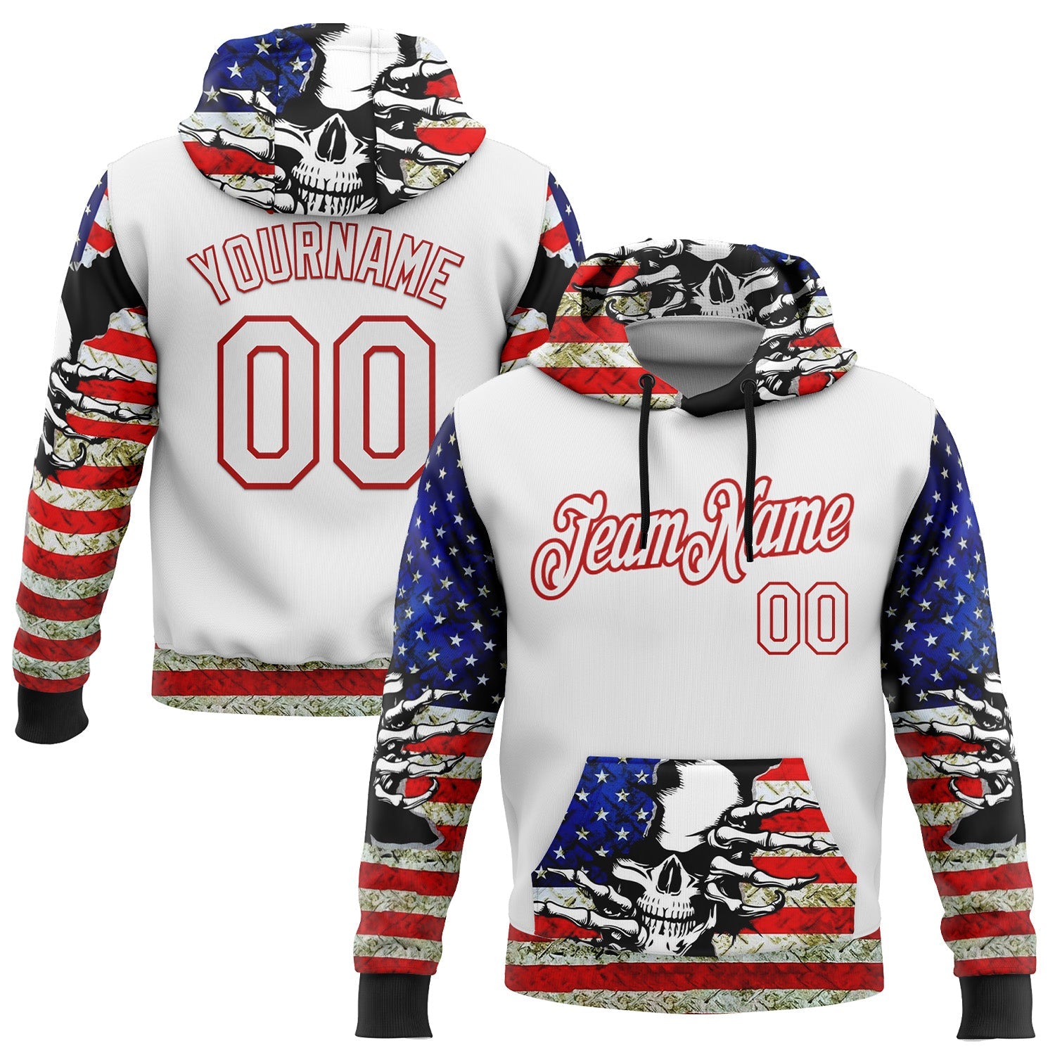 Custom White Red 3D Skull American Flag Grunge Art Sports Pullover Sweatshirt Hoodie - Main View