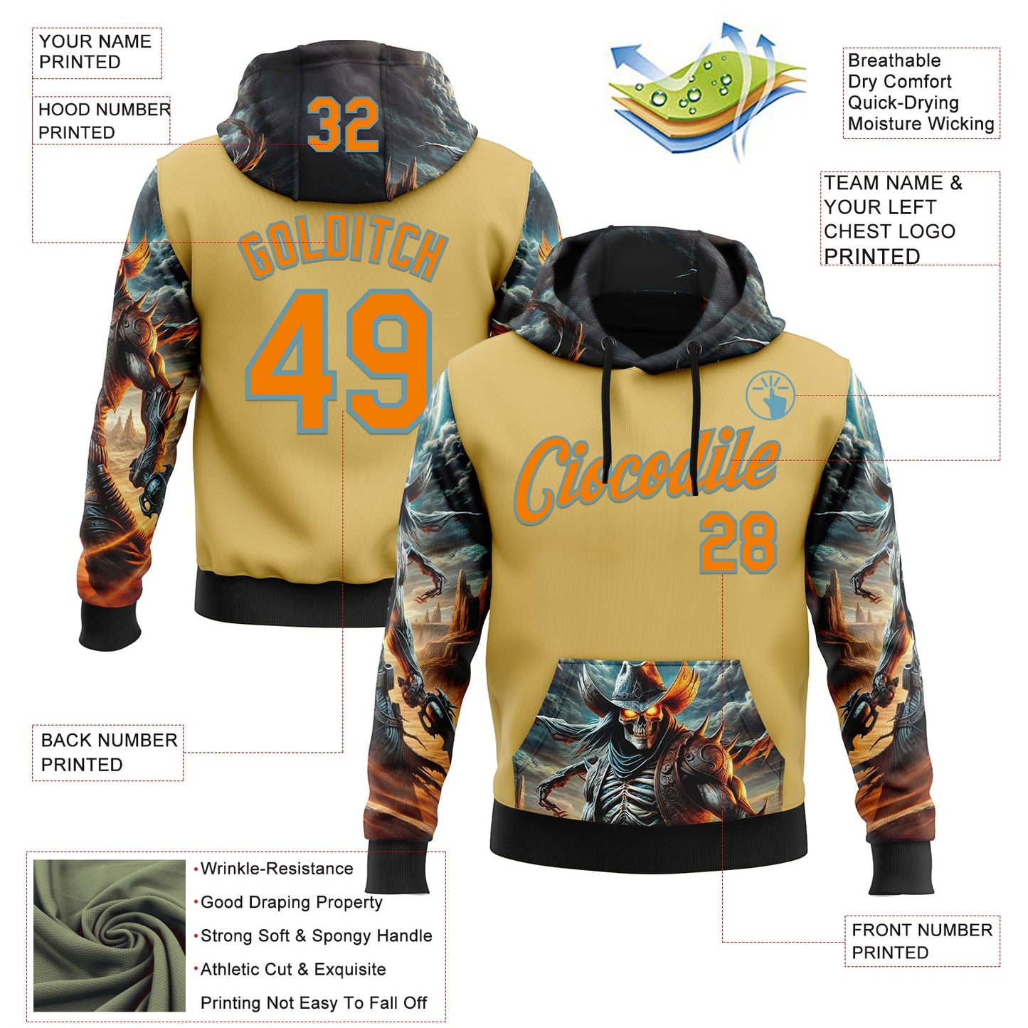Custom Yellow Bay Orange-Shadow Blue 3D Skull Sports Pullover Sweatshirt Hoodie view 2