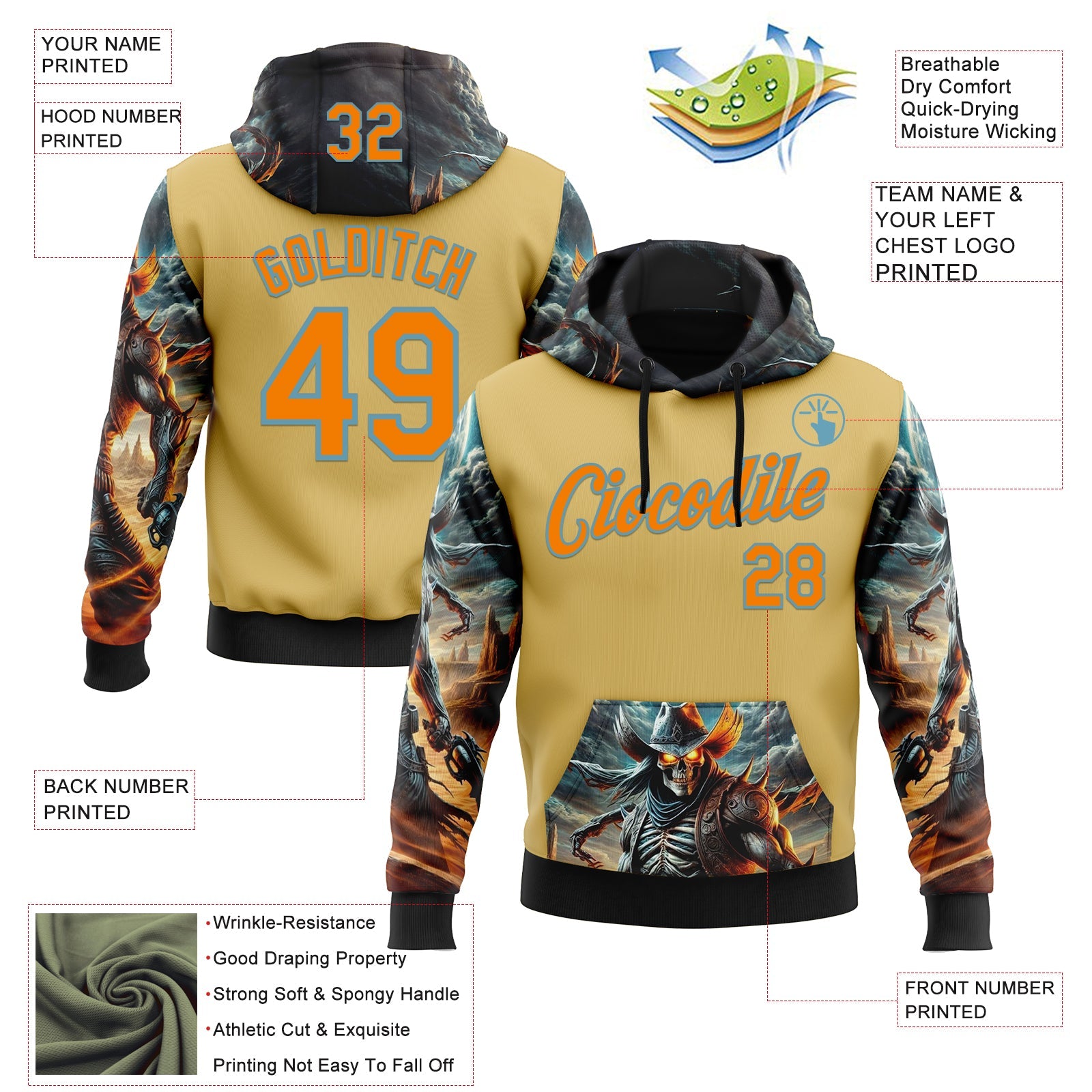Custom Yellow Bay Orange-Shadow Blue 3D Skull Sports Pullover Sweatshirt Hoodie view 2