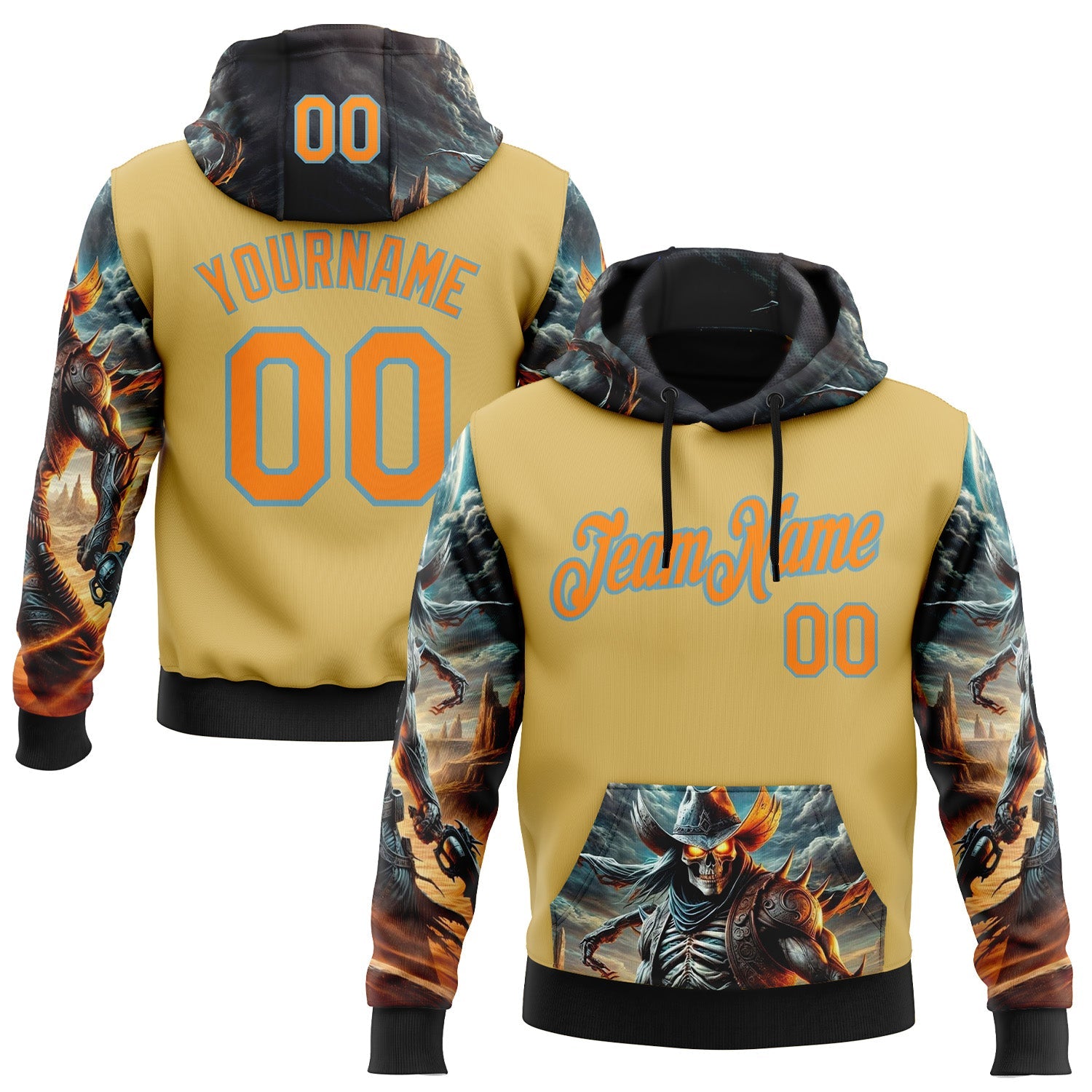 Custom Yellow Bay Orange-Shadow Blue 3D Skull Sports Pullover Sweatshirt Hoodie - Main View
