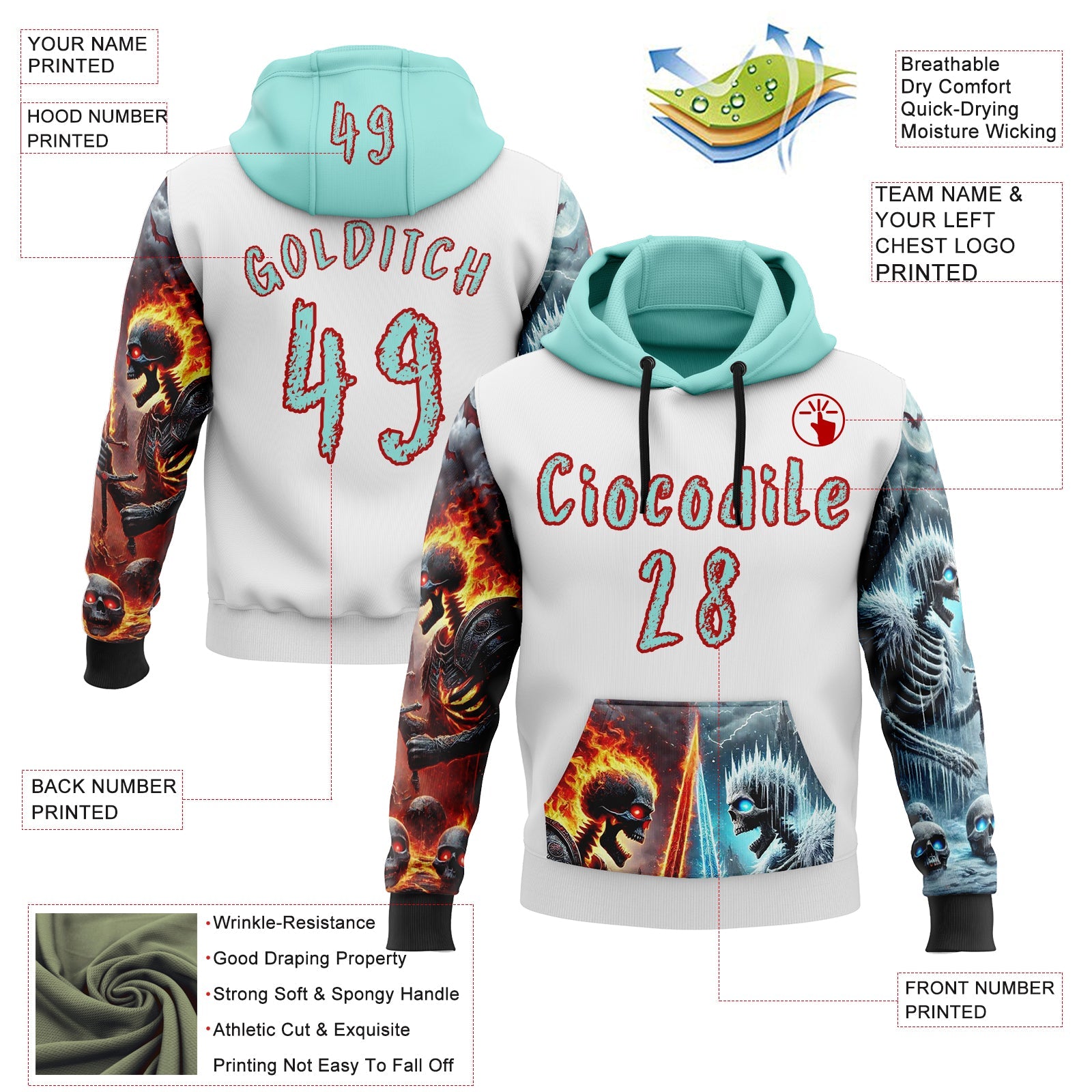 Custom White Ice Blue-Red 3D Skull Flame VS Ice Sports Pullover Sweatshirt Hoodie view 2