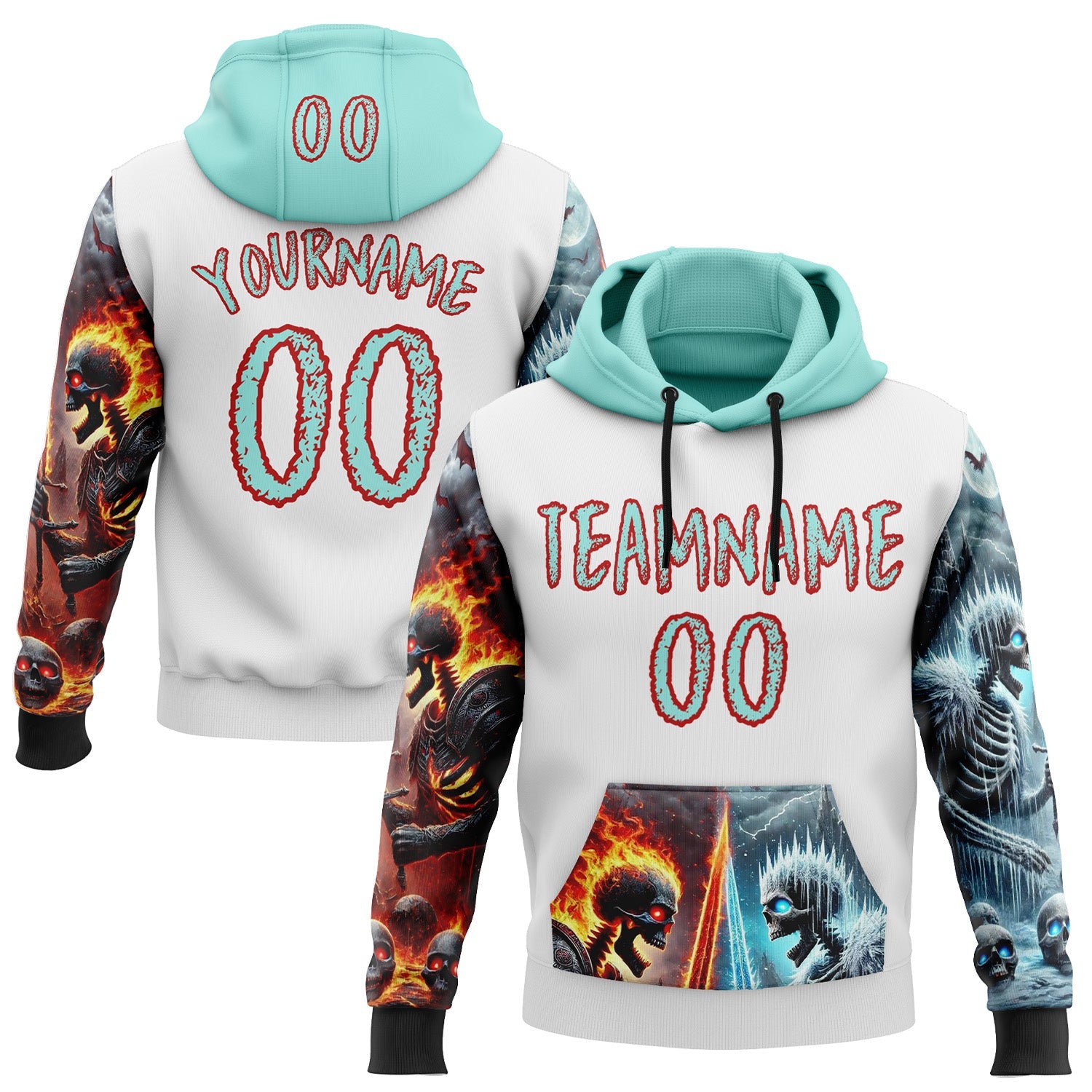 Custom White Ice Blue-Red 3D Skull Flame VS Ice Sports Pullover Sweatshirt Hoodie - Main View