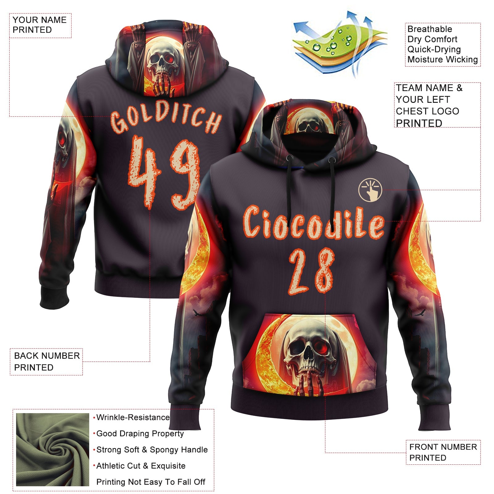 Custom Navy City Cream-Orange 3D Skull Sports Pullover Sweatshirt Hoodie view 2