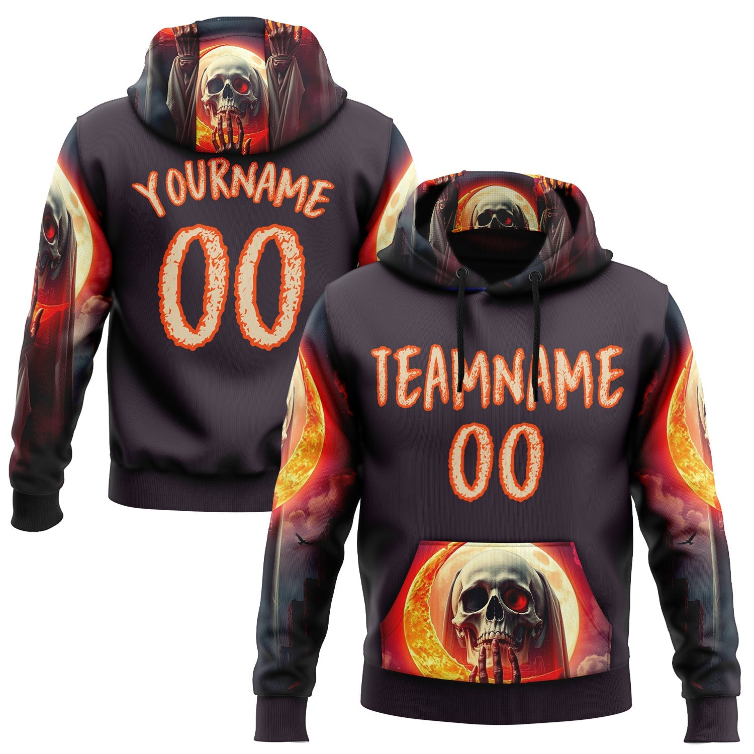 Custom Navy City Cream-Orange 3D Skull Sports Pullover Sweatshirt Hoodie - Main View