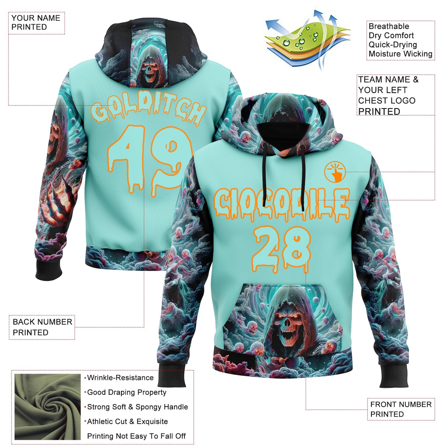 Custom Ice Blue Bay Orange 3D Skull Sports Pullover Sweatshirt Hoodie view 2