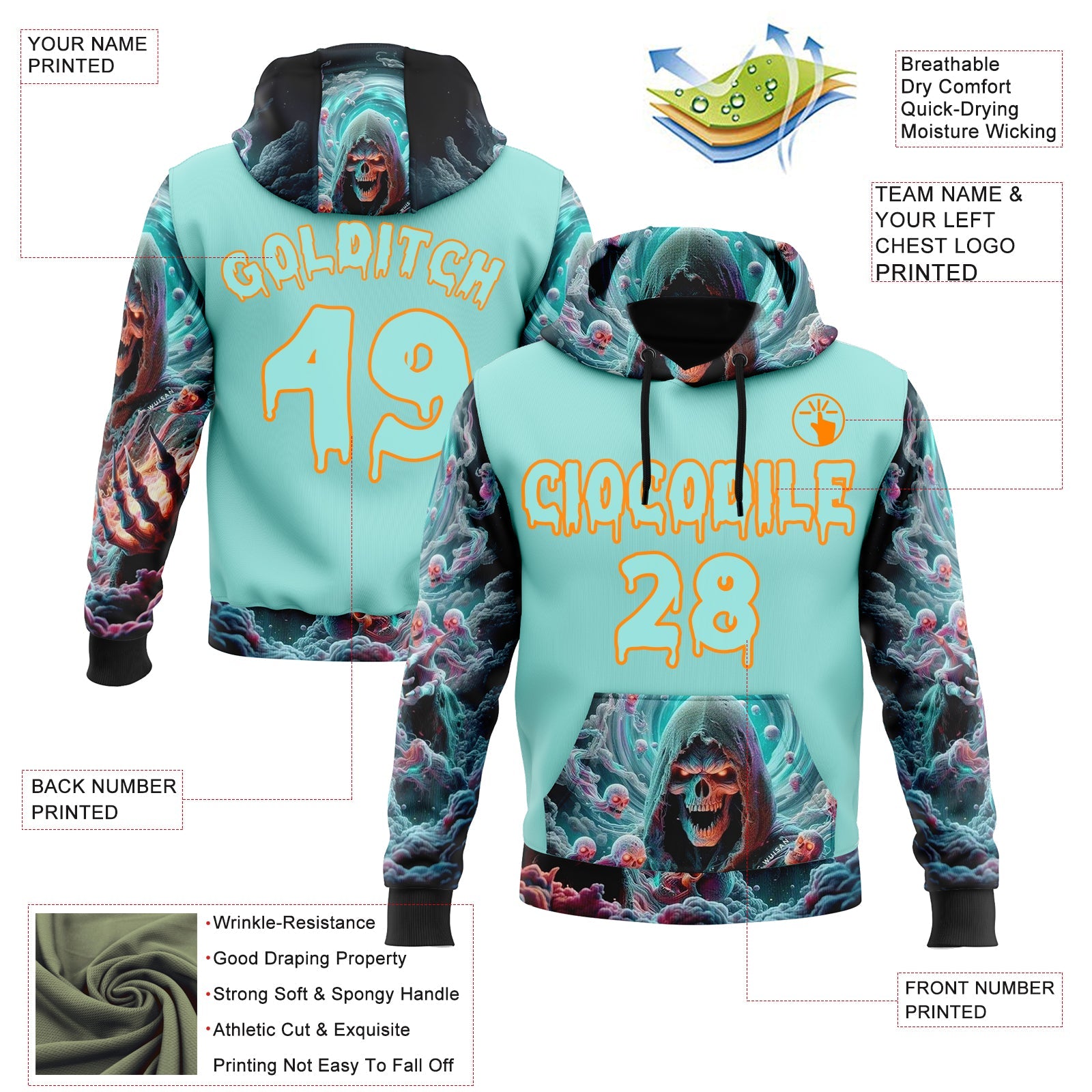 Custom Ice Blue Bay Orange 3D Skull Sports Pullover Sweatshirt Hoodie view 2