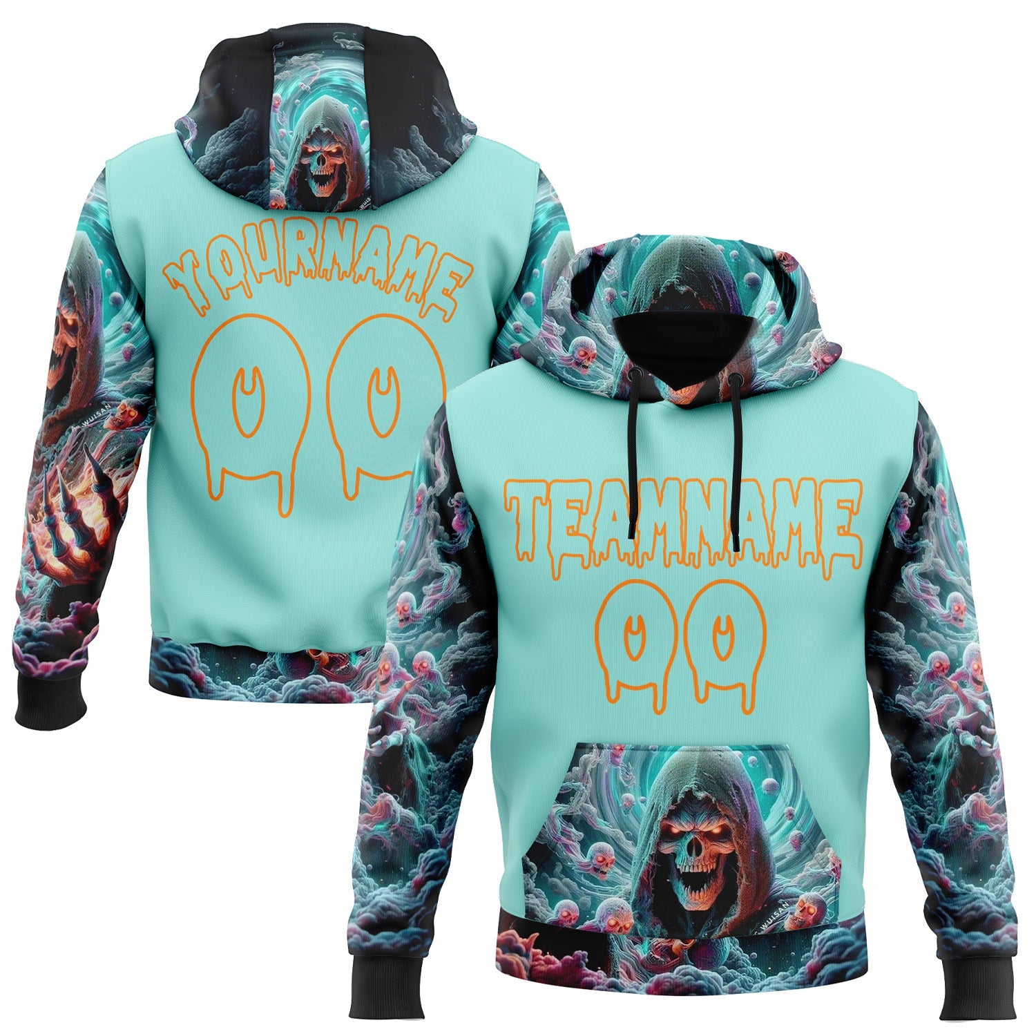 Custom Ice Blue Bay Orange 3D Skull Sports Pullover Sweatshirt Hoodie - Main View