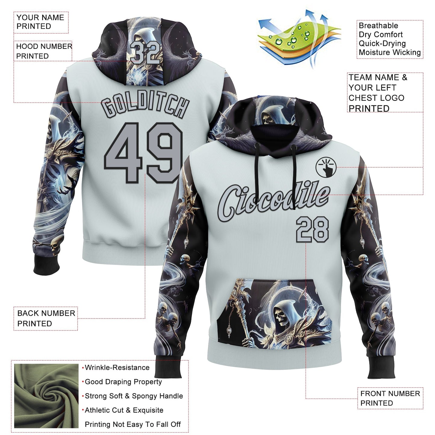 Custom Gray Silver-Black 3D Skull Sports Pullover Sweatshirt Hoodie view 2