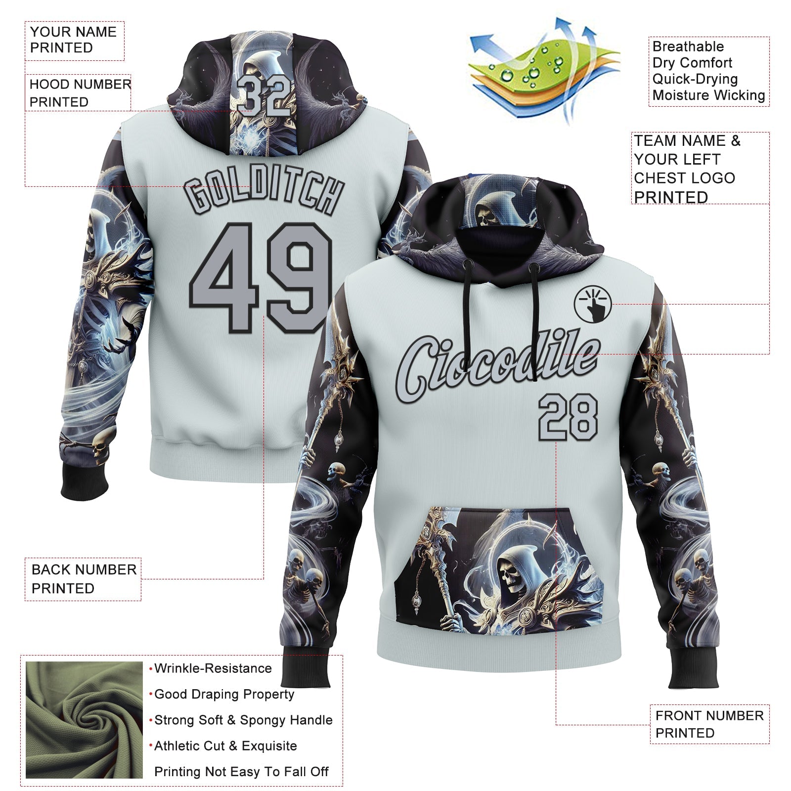 Custom Gray Silver-Black 3D Skull Sports Pullover Sweatshirt Hoodie view 2