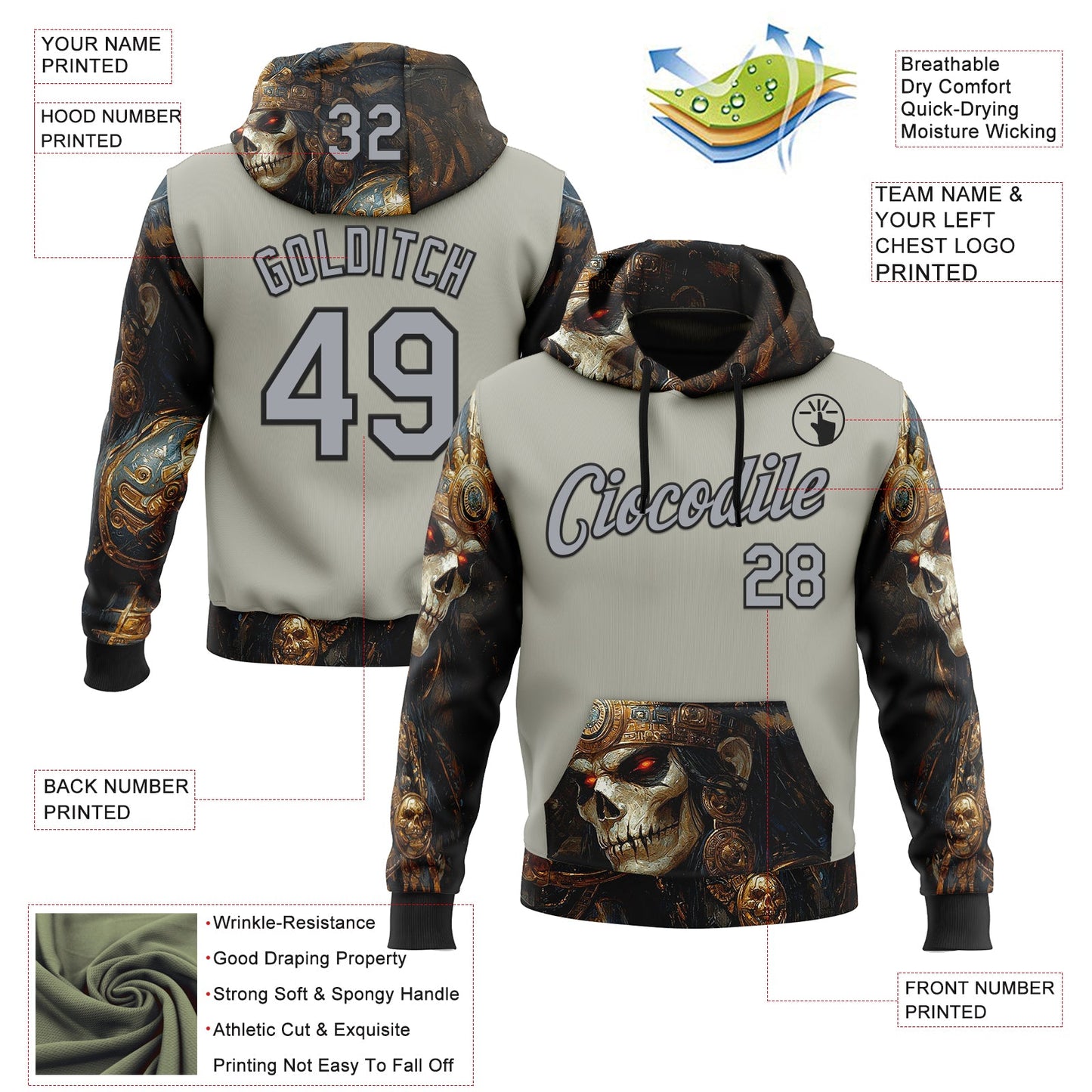 Custom Gray Black 3D Skull Sports Pullover Sweatshirt Hoodie view 2