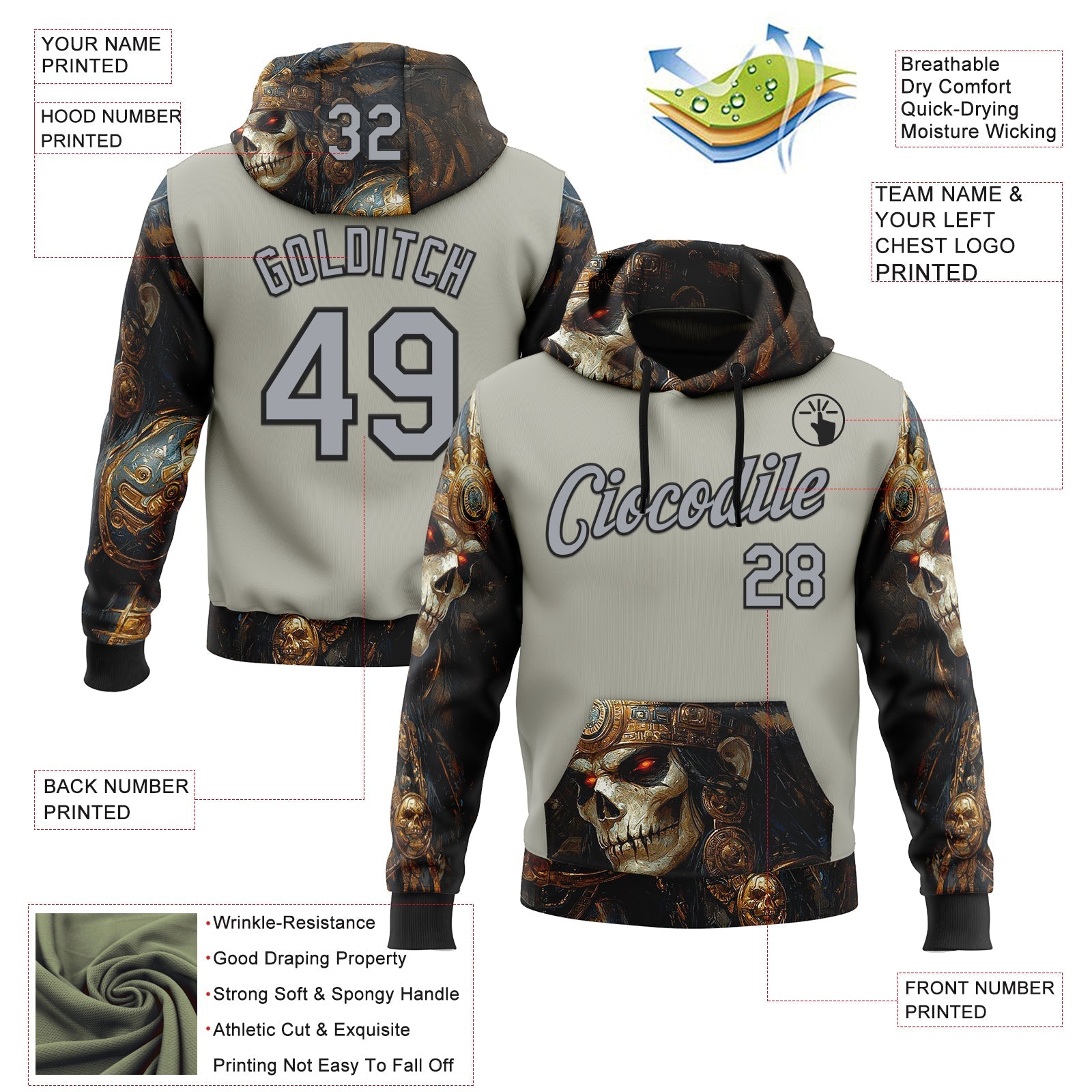 Custom Gray Black 3D Skull Sports Pullover Sweatshirt Hoodie view 2