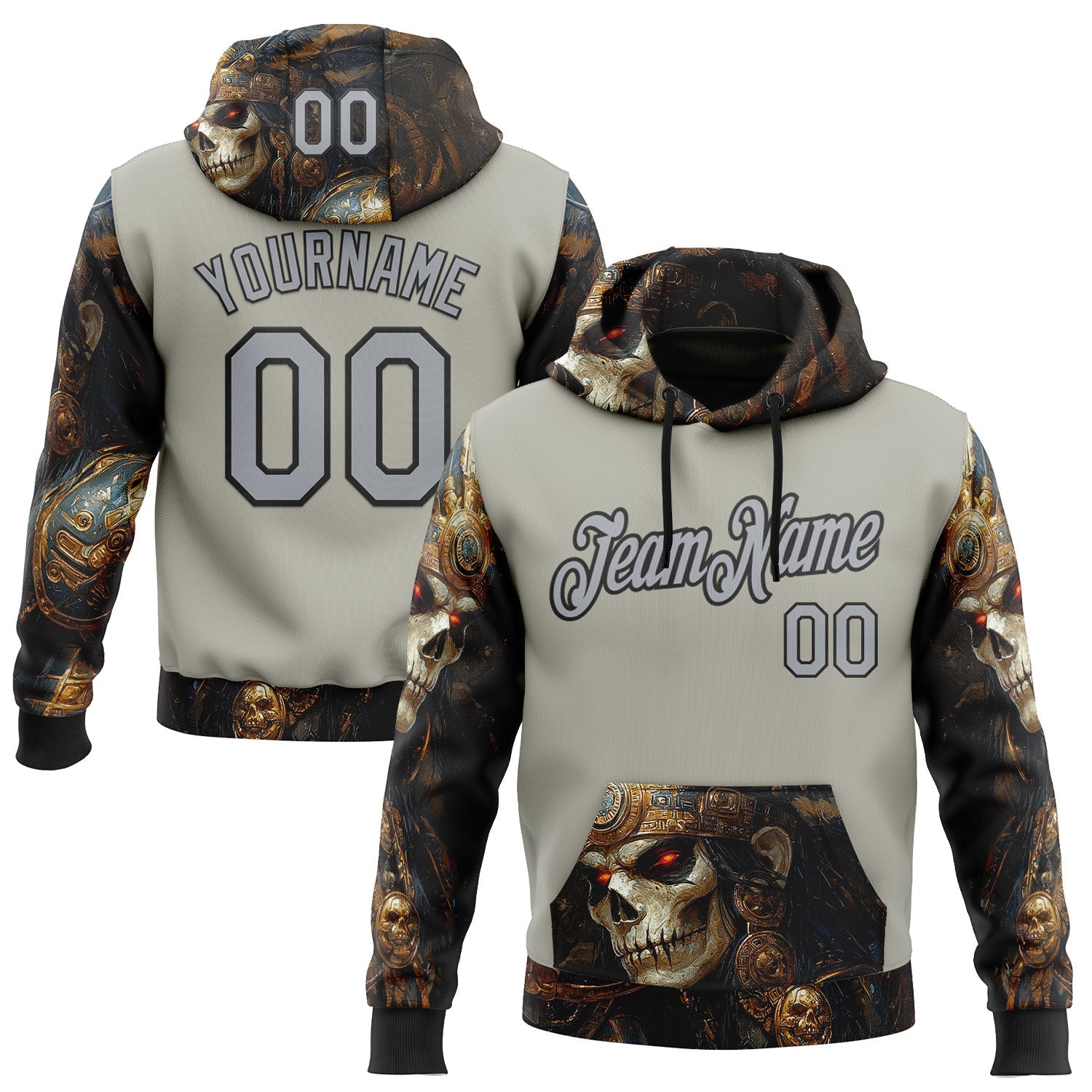 Custom Gray Black 3D Skull Sports Pullover Sweatshirt Hoodie - Main View