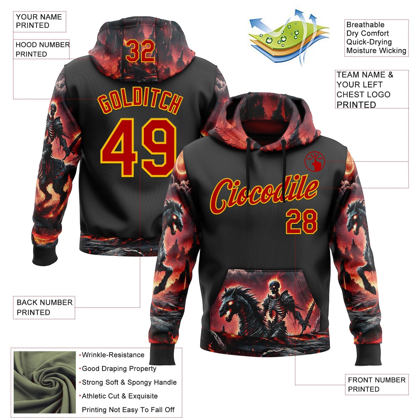 Custom Black Red-Yellow 3D Skull Flame Knight Sports Pullover Sweatshirt Hoodie view 2