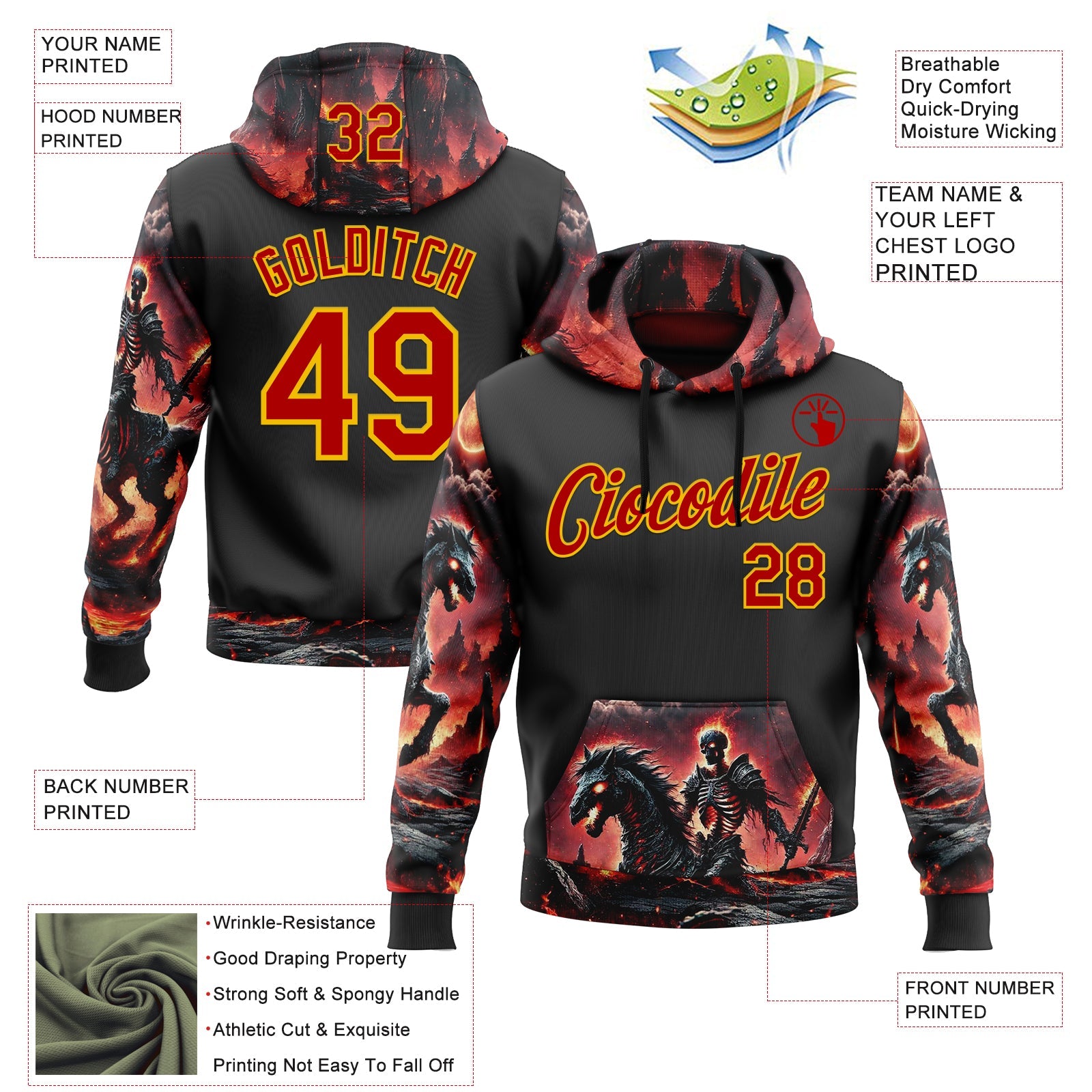 Custom Black Red-Yellow 3D Skull Flame Knight Sports Pullover Sweatshirt Hoodie view 2