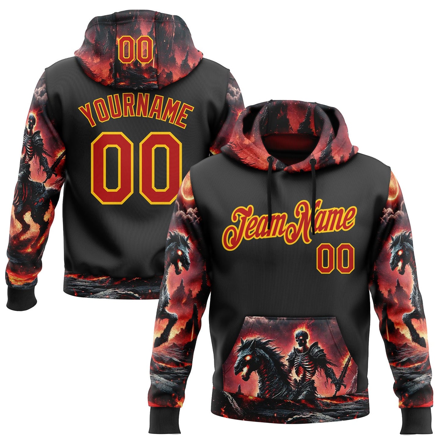 Custom Black Red-Yellow 3D Skull Flame Knight Sports Pullover Sweatshirt Hoodie - Main View