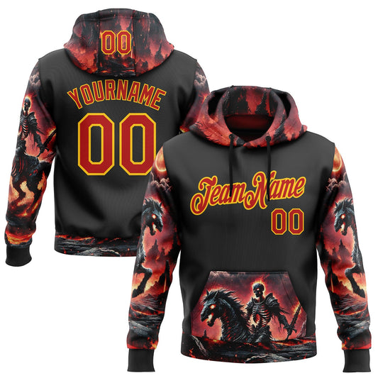 Custom Black Red-Yellow 3D Skull Flame Knight Sports Pullover Sweatshirt Hoodie - Main View