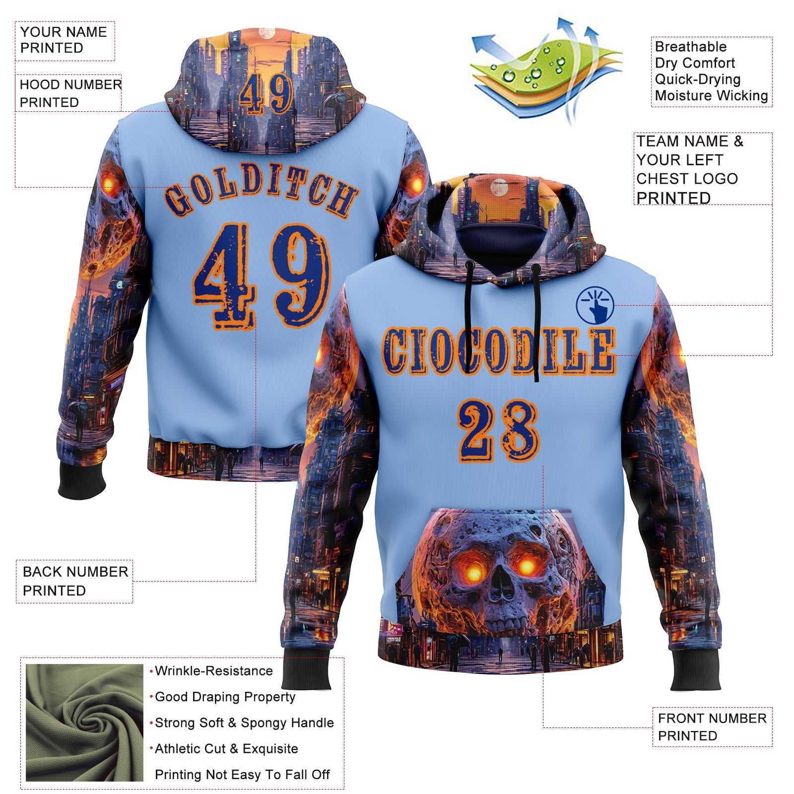 Custom Light Blue Royal-Bay Orange 3D Skull Nightmare Sports Pullover Sweatshirt Hoodie view 2