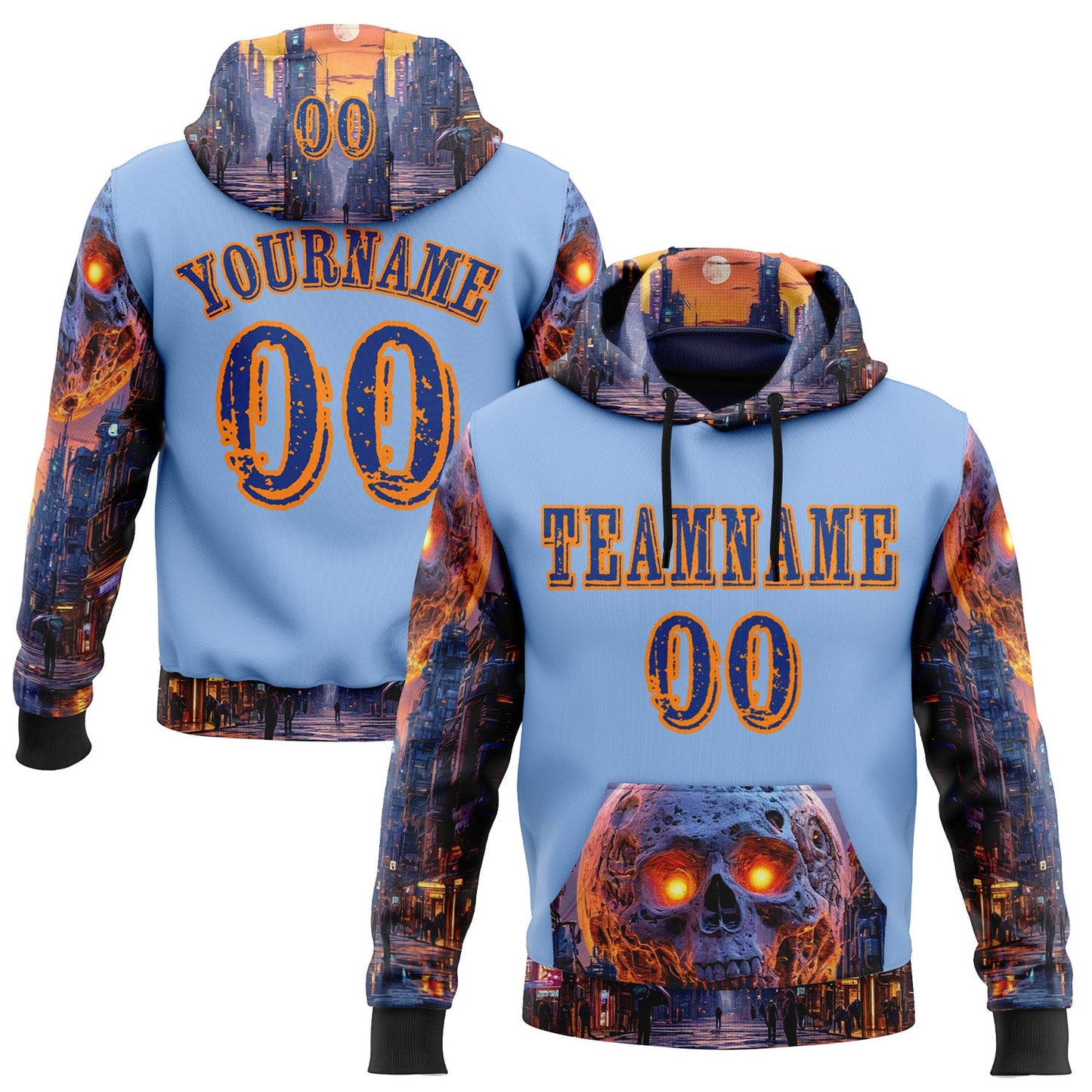 Custom Light Blue Royal-Bay Orange 3D Skull Nightmare Sports Pullover Sweatshirt Hoodie - Main View