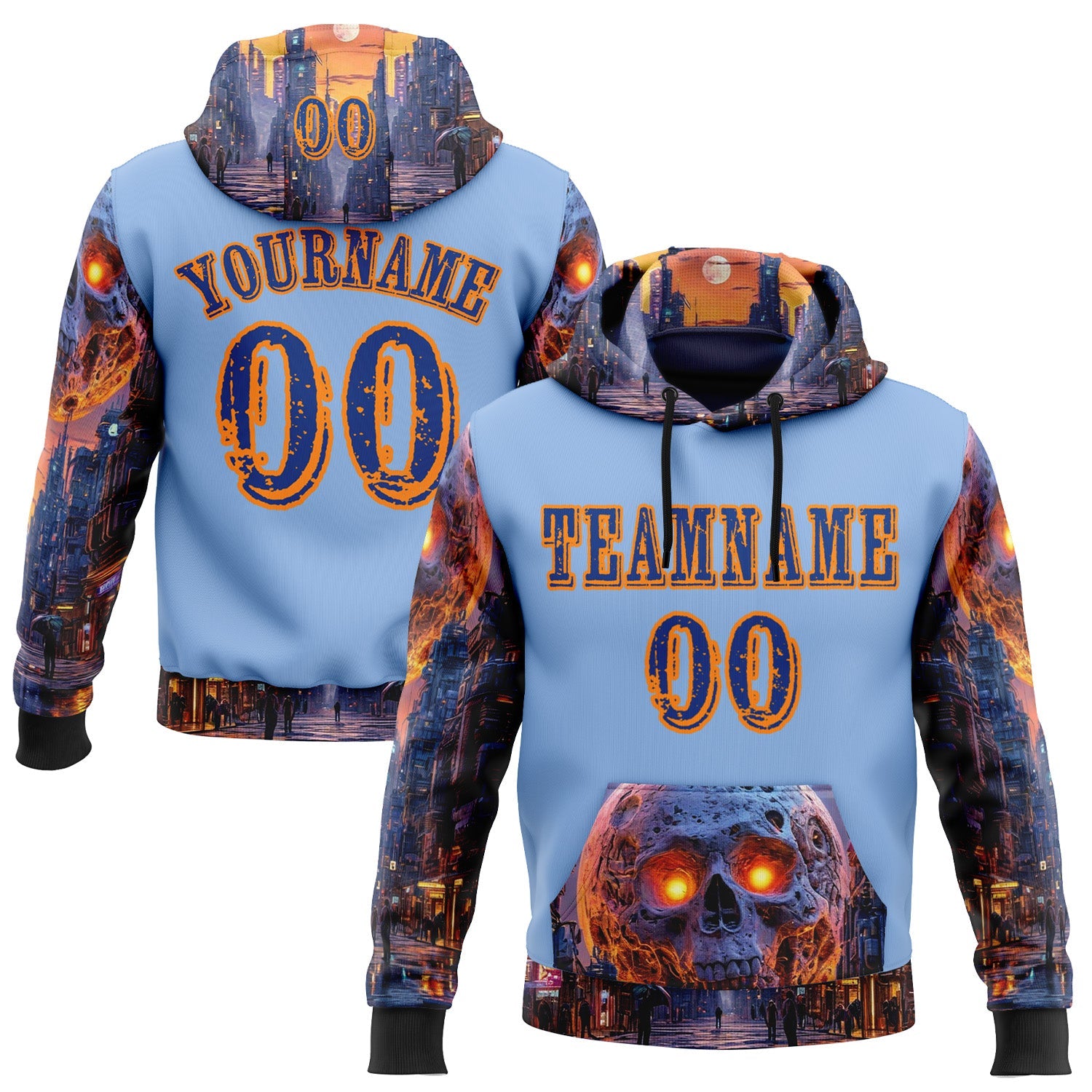 Custom Light Blue Royal-Bay Orange 3D Skull Nightmare Sports Pullover Sweatshirt Hoodie - Main View
