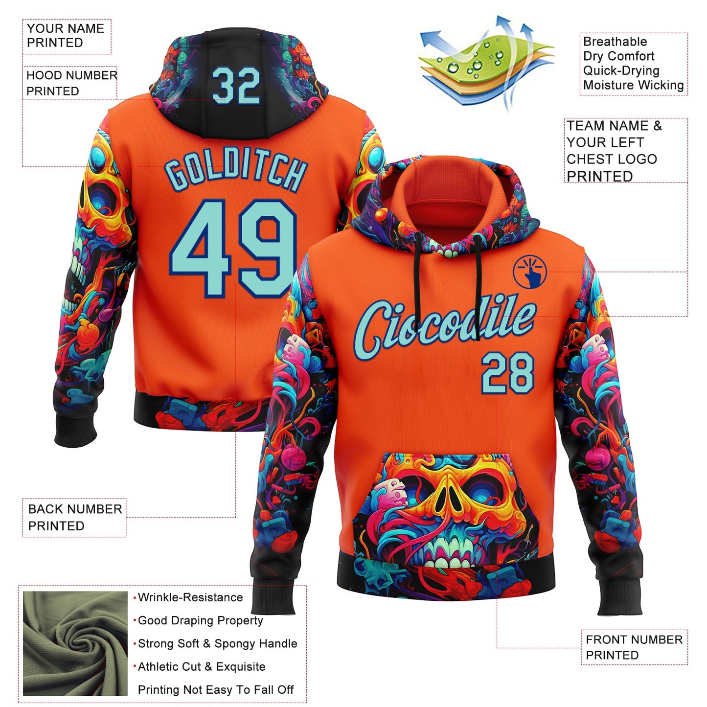 Custom Orange Ice Blue-Royal 3D Skull Chromatic Sports Pullover Sweatshirt Hoodie view 2