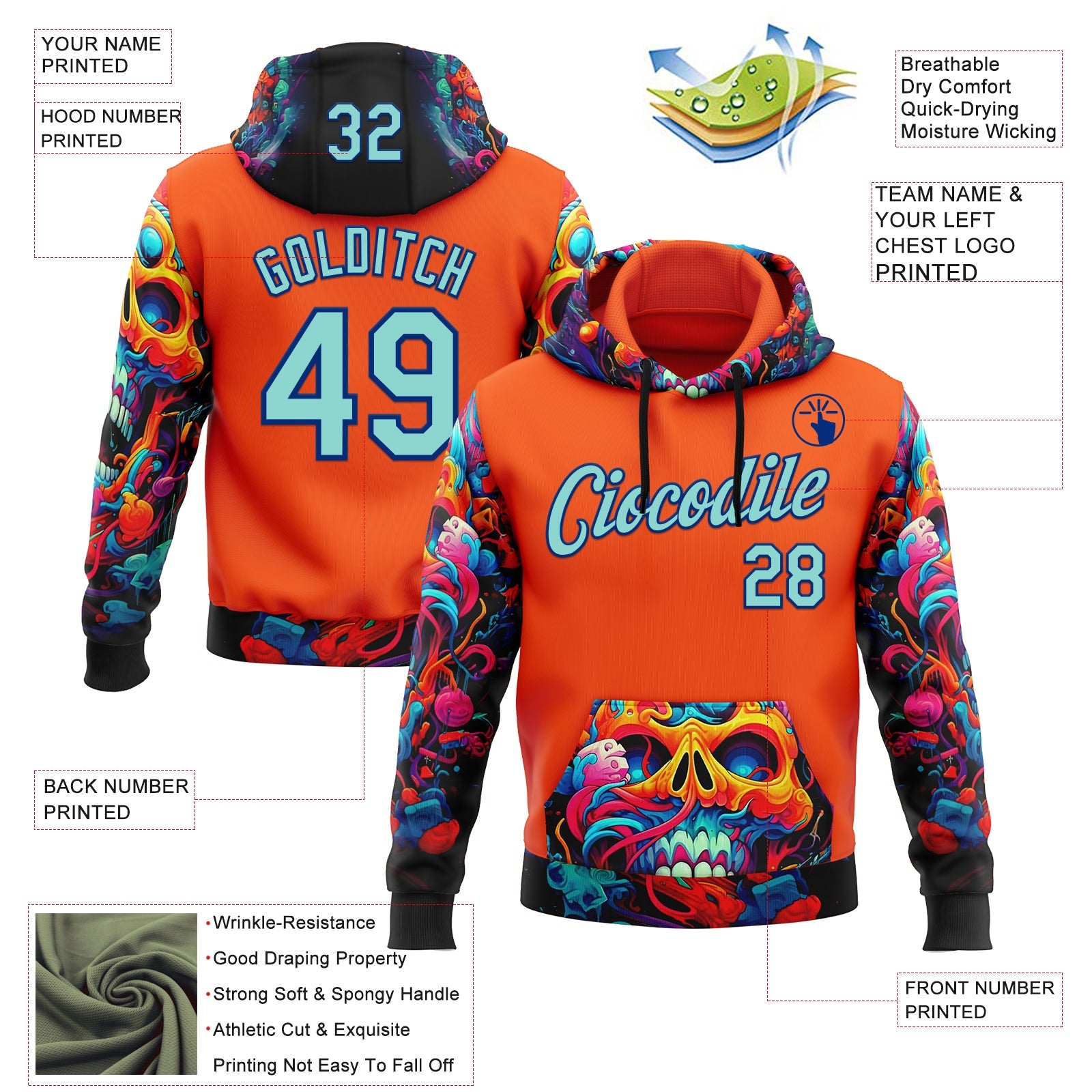 Custom Orange Ice Blue-Royal 3D Skull Chromatic Sports Pullover Sweatshirt Hoodie view 2