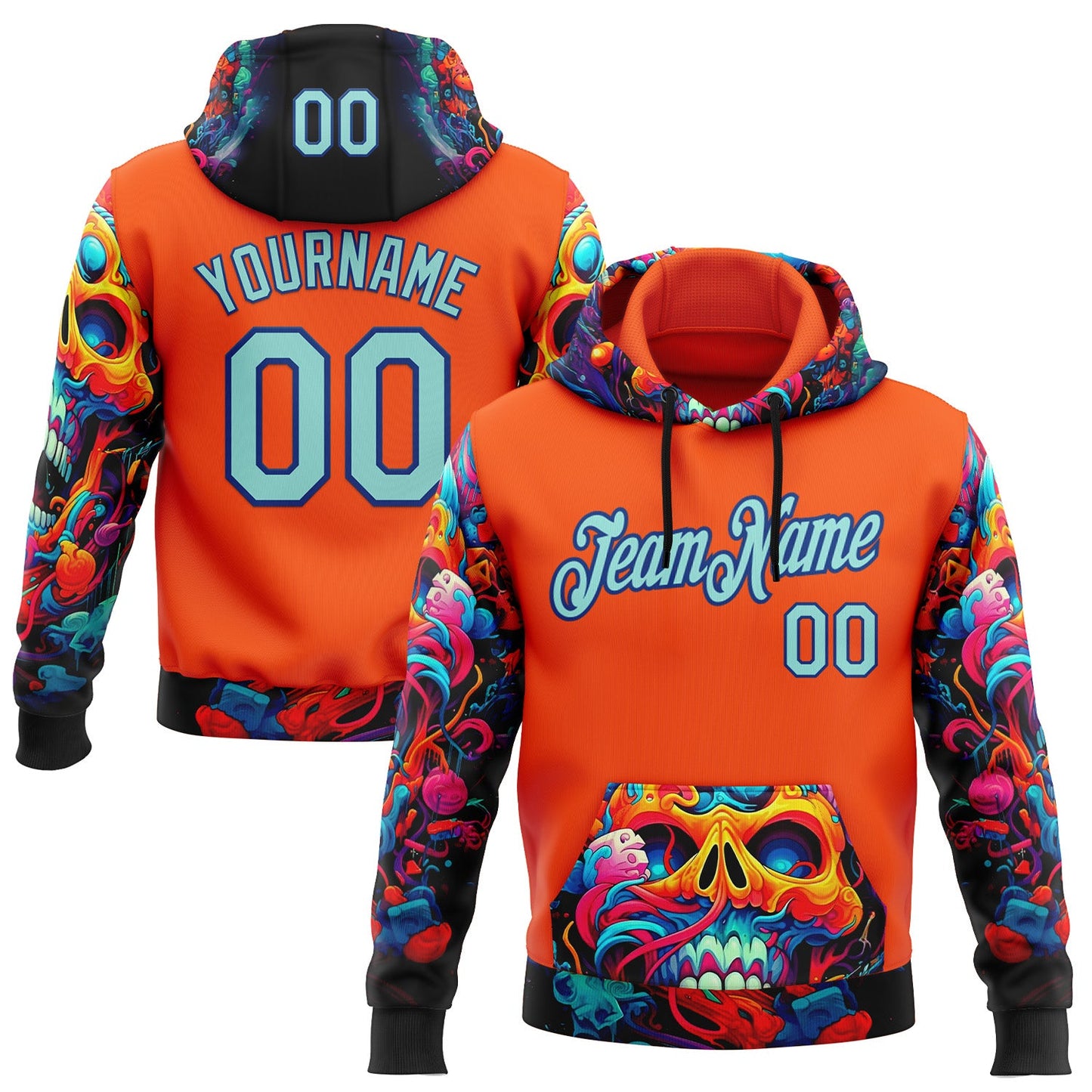 Custom Orange Ice Blue-Royal 3D Skull Chromatic Sports Pullover Sweatshirt Hoodie - Main View