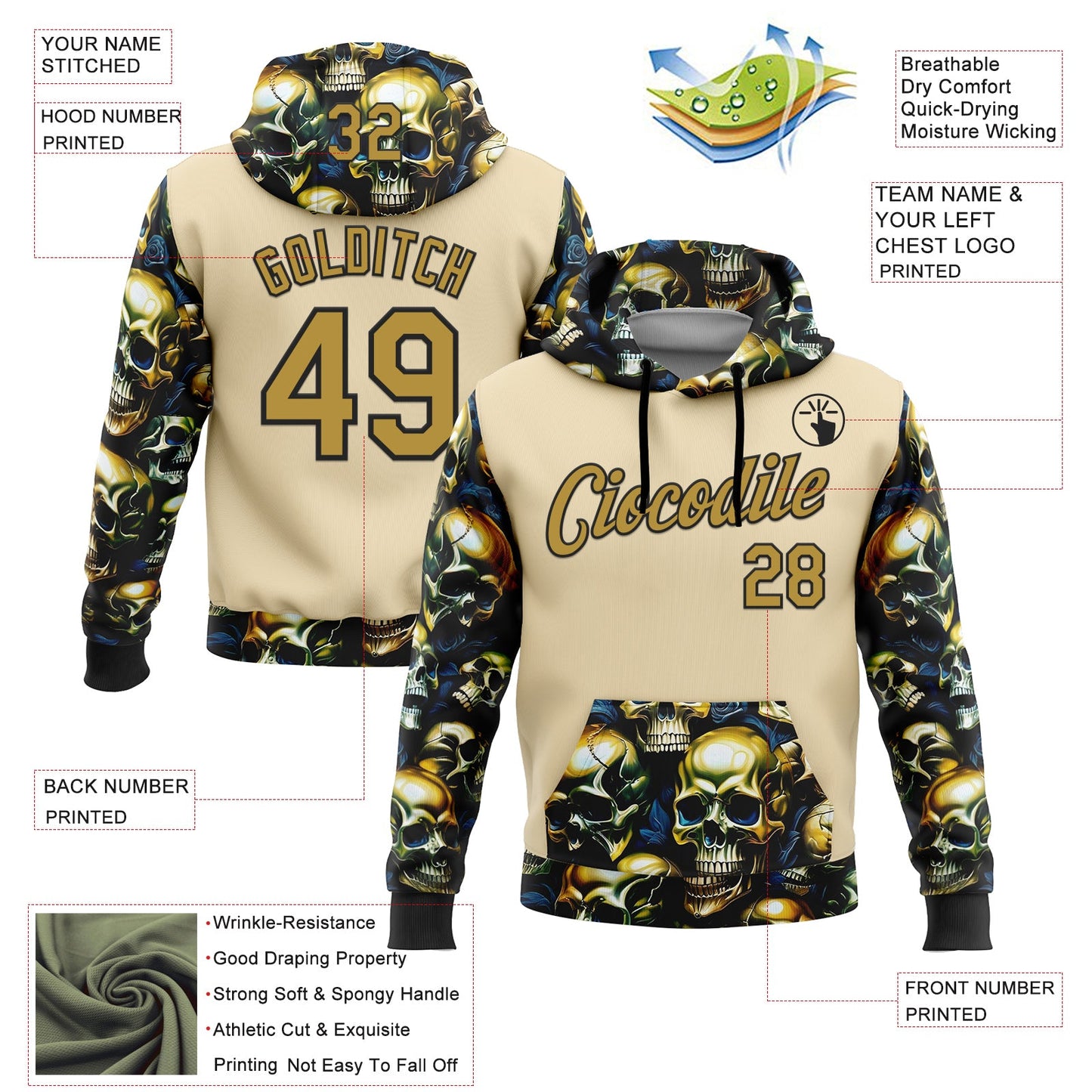 Custom City Cream Old Gold-Black 3D Skull Metal Sports Pullover Sweatshirt Hoodie view 2