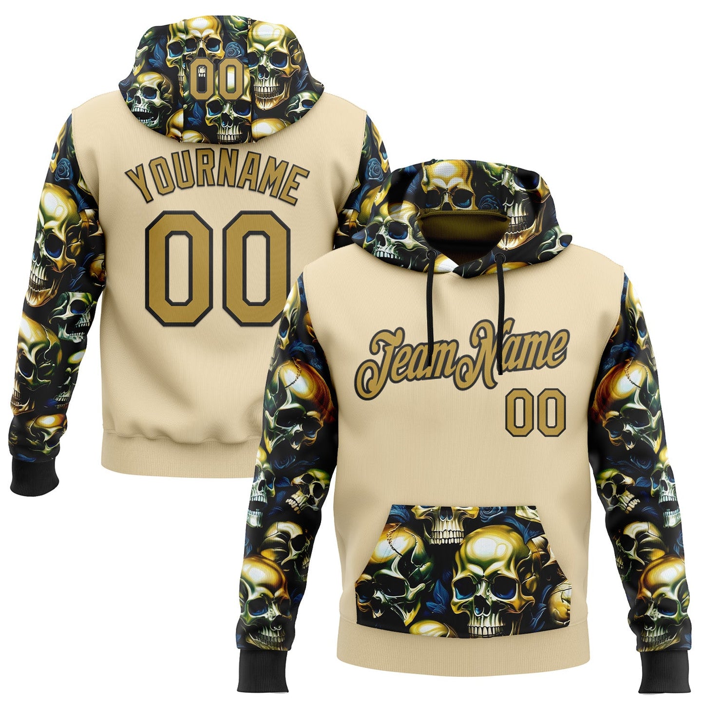 Custom City Cream Old Gold-Black 3D Skull Metal Sports Pullover Sweatshirt Hoodie - Main View