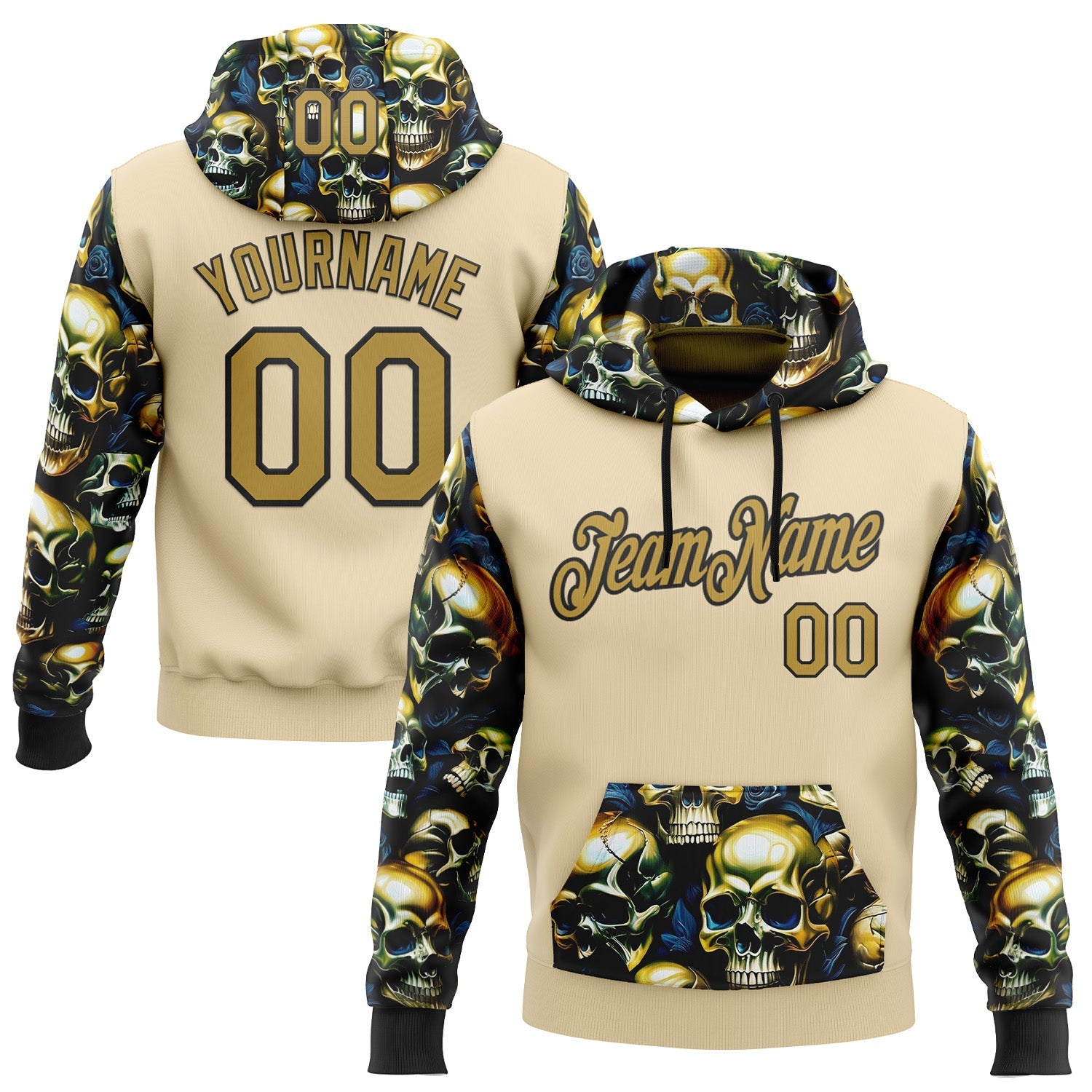 Custom City Cream Old Gold-Black 3D Skull Metal Sports Pullover Sweatshirt Hoodie - Main View