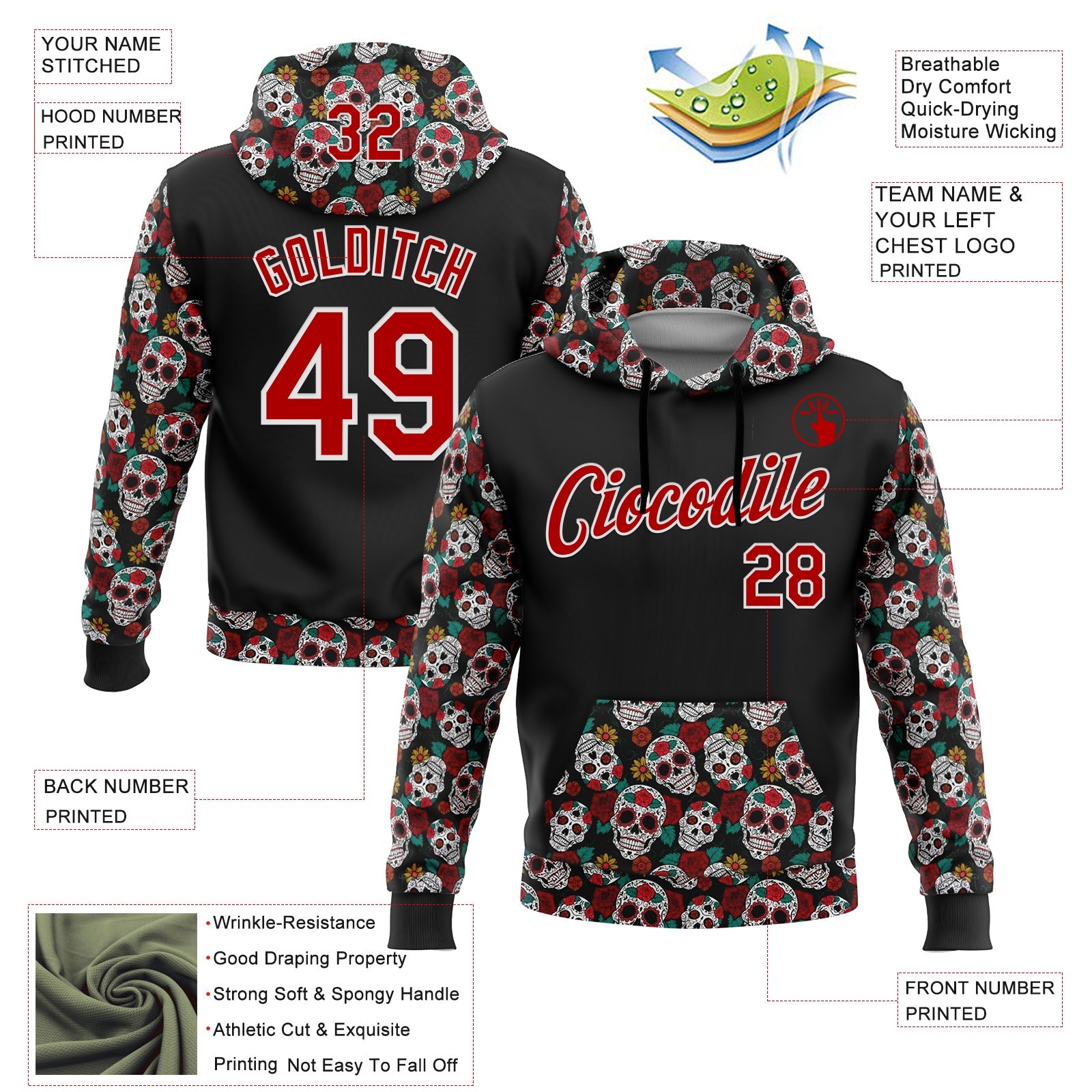 Custom Black Red-White 3D Skull Calavera Day Of The Dead Dia de los Muertos Sports Pullover Sweatshirt Hoodie view 2