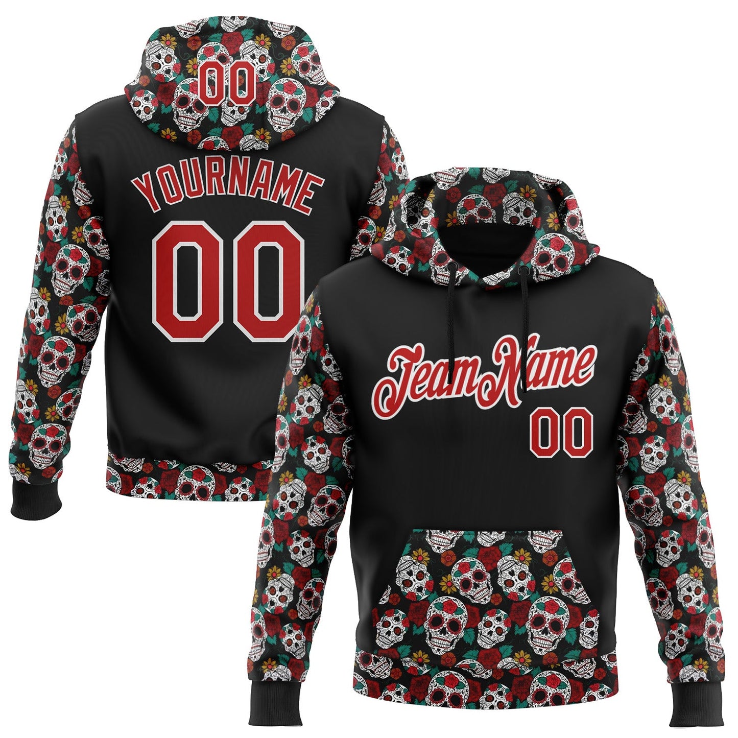 Custom Black Red-White 3D Skull Calavera Day Of The Dead Dia de los Muertos Sports Pullover Sweatshirt Hoodie - Main View