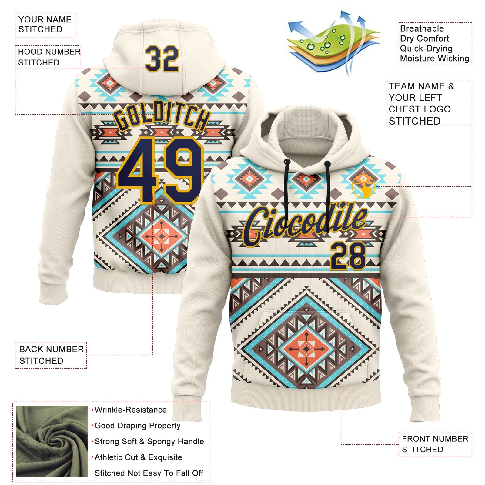 Custom Stitched Cream Navy Blue Orange Gray-Gold 3D Mexico Aztec Pattern Sports Pullover Sweatshirt Hoodie view 2
