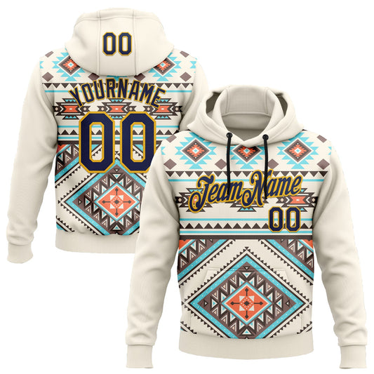 Custom Stitched Cream Navy Blue Orange Gray-Gold 3D Mexico Aztec Pattern Sports Pullover Sweatshirt Hoodie - Main View