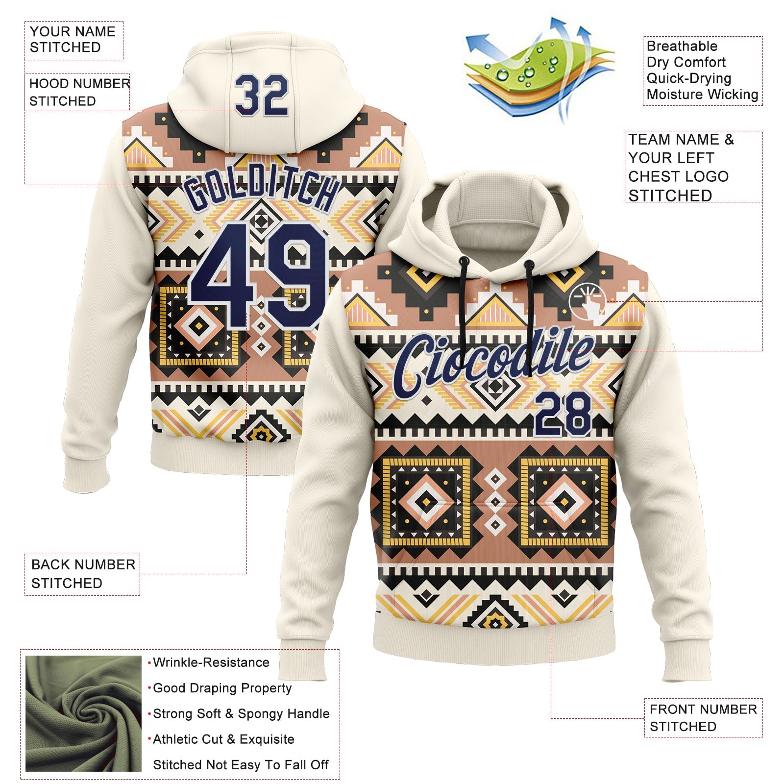 Custom Stitched Cream Navy Gray Yellow-White 3D Mexico Aztec Pattern Sports Pullover Sweatshirt Hoodie view 2