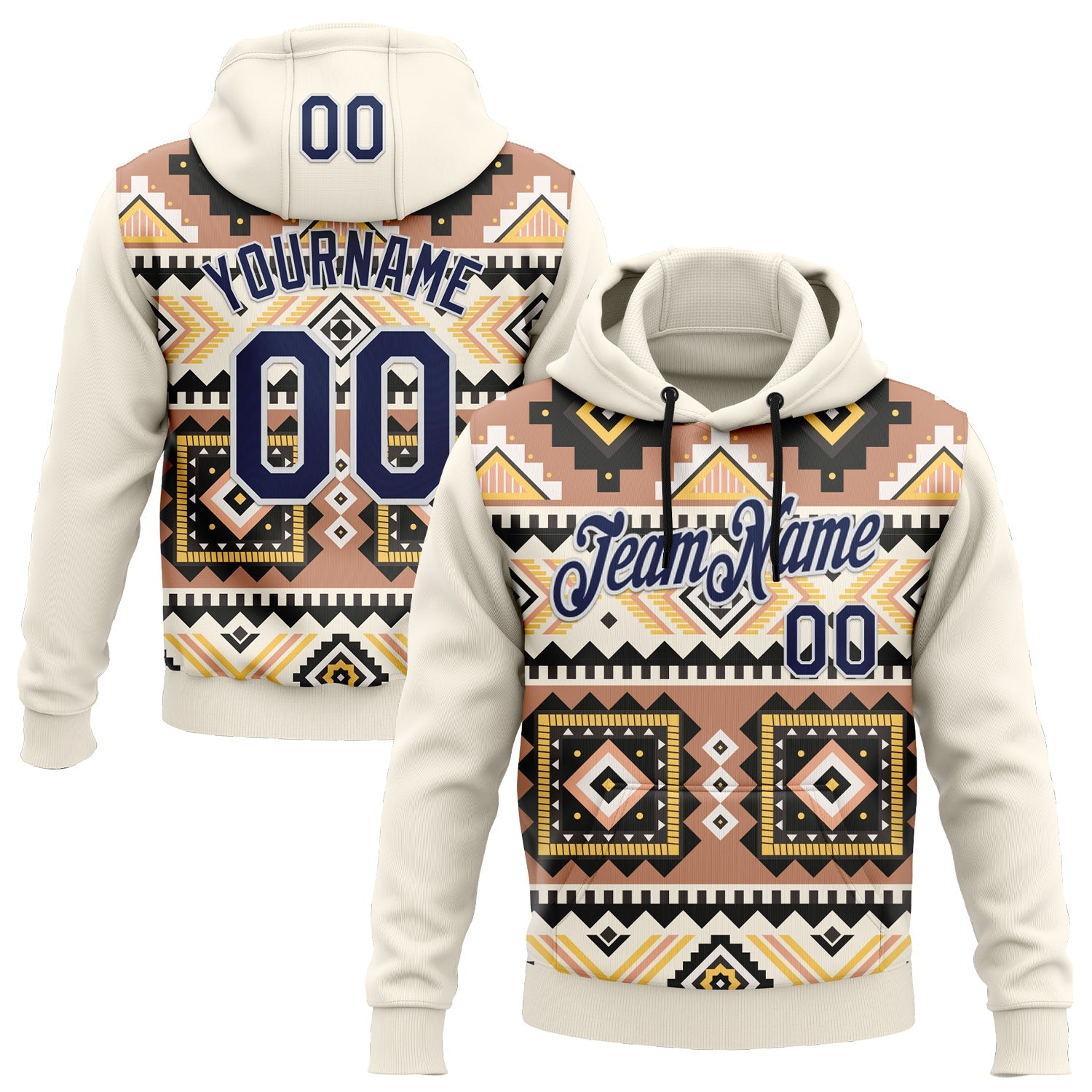 Custom Stitched Cream Navy Gray Yellow-White 3D Mexico Aztec Pattern Sports Pullover Sweatshirt Hoodie - Main View