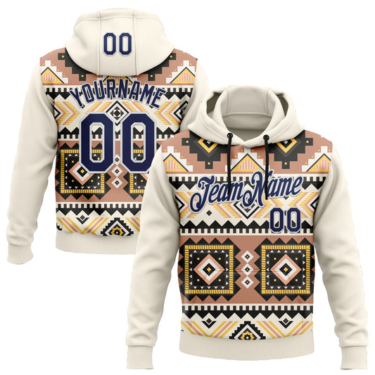 Custom Stitched Cream Navy Gray Yellow-White 3D Mexico Aztec Pattern Sports Pullover Sweatshirt Hoodie - Main View