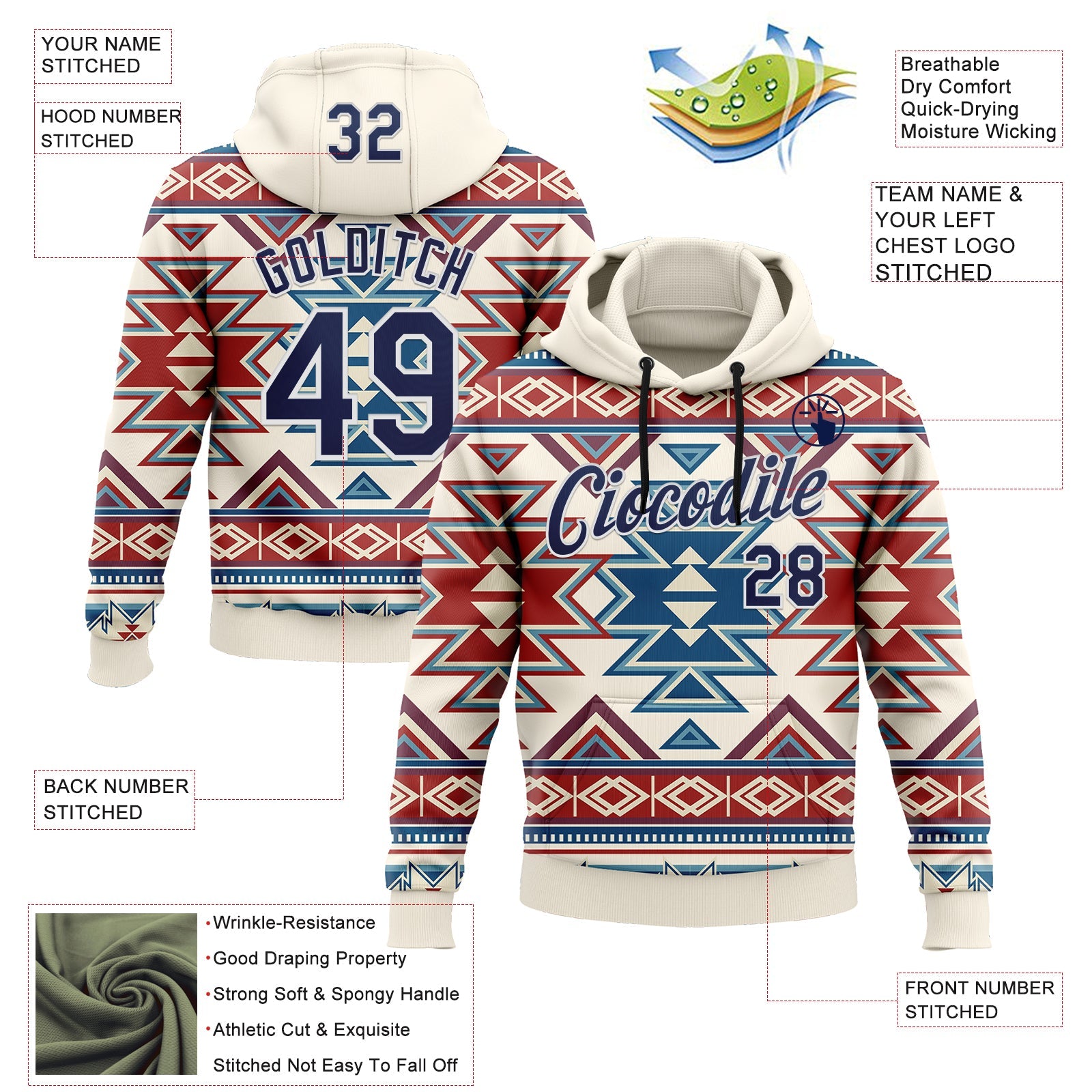Custom Stitched Cream Navy Red Blue-White 3D Mexico Aztec Pattern Sports Pullover Sweatshirt Hoodie view 2