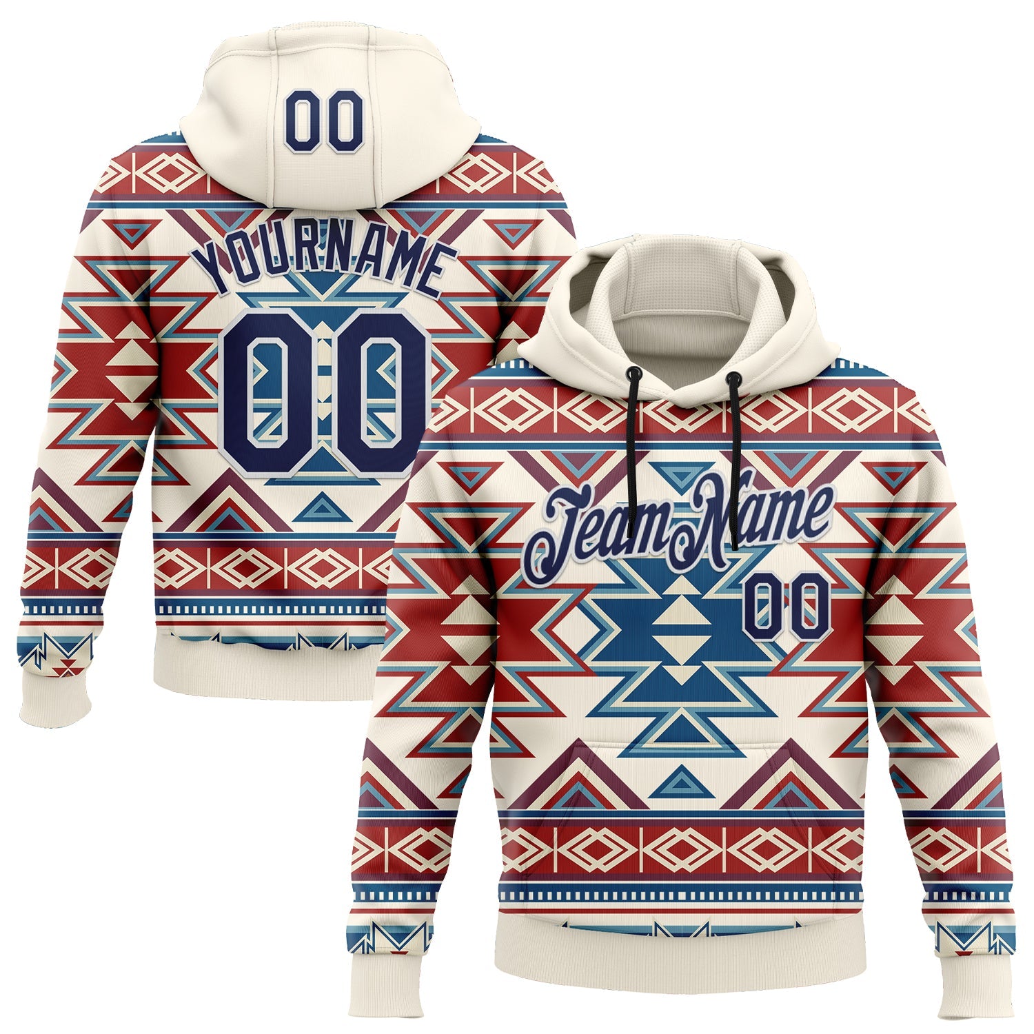 Custom Stitched Cream Navy Red Blue-White 3D Mexico Aztec Pattern Sports Pullover Sweatshirt Hoodie - Main View