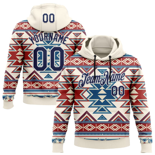 Custom Stitched Cream Navy Red Blue-White 3D Mexico Aztec Pattern Sports Pullover Sweatshirt Hoodie - Main View