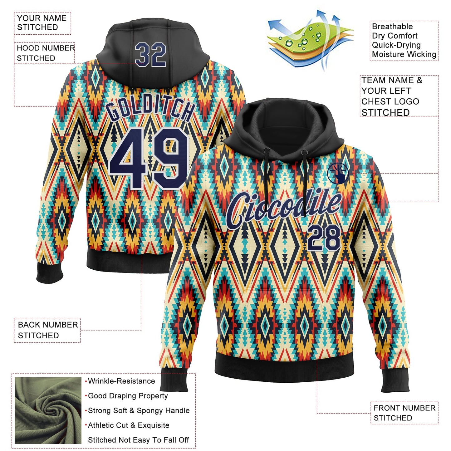 Custom Stitched Black Navy Blue Red Yellow-White 3D Mexico Aztec Pattern Sports Pullover Sweatshirt Hoodie view 2