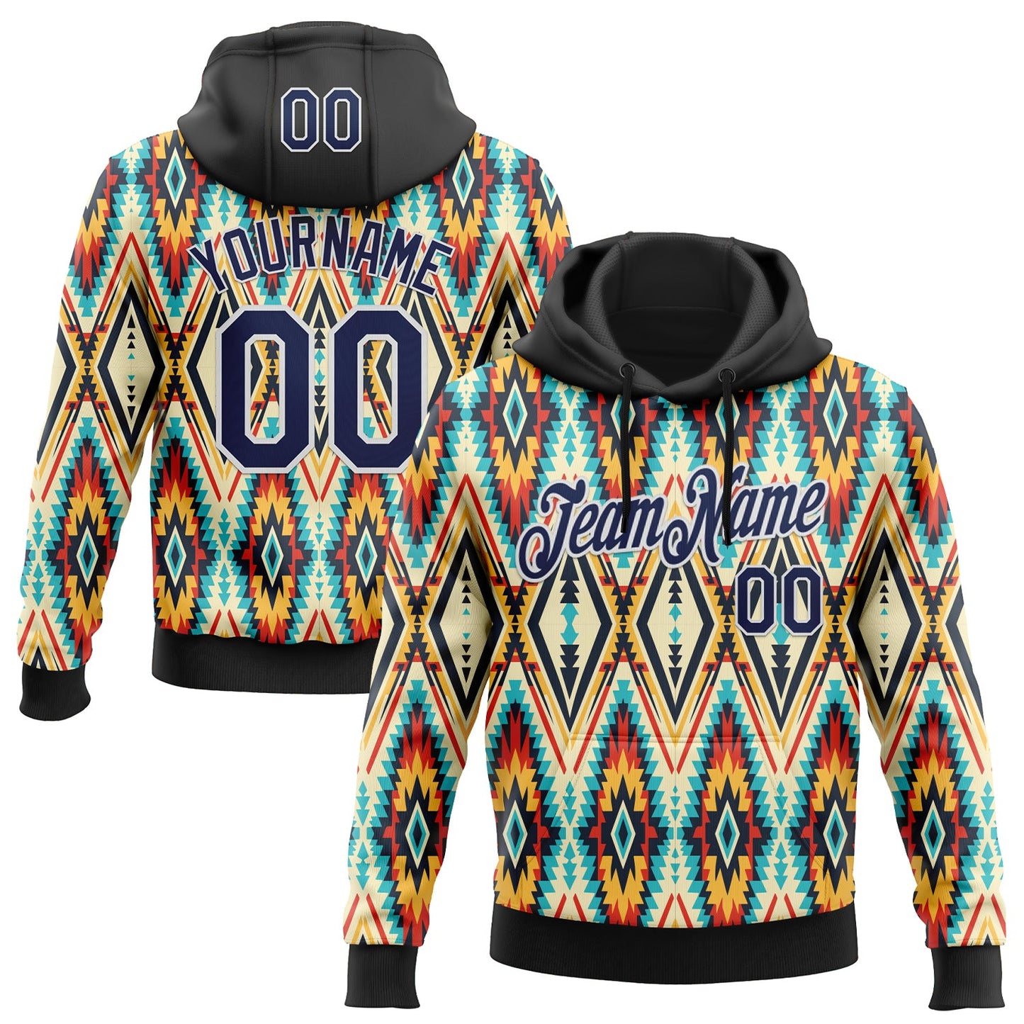 Custom Stitched Black Navy Blue Red Yellow-White 3D Mexico Aztec Pattern Sports Pullover Sweatshirt Hoodie - Main View
