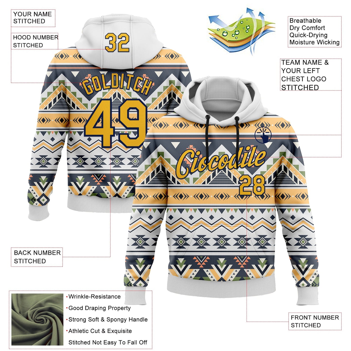 Custom Stitched White Gold Gray Green-Navy 3D Mexico Aztec Pattern Sports Pullover Sweatshirt Hoodie view 2