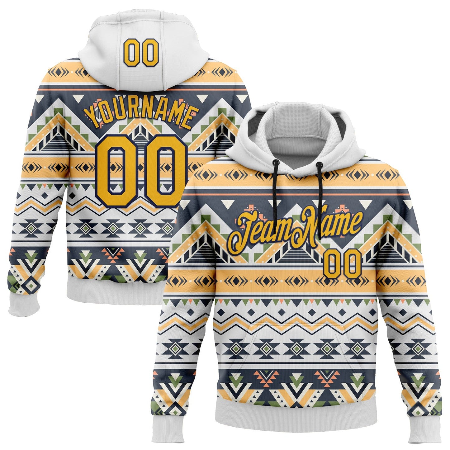 Custom Stitched White Gold Gray Green-Navy 3D Mexico Aztec Pattern Sports Pullover Sweatshirt Hoodie - Main View