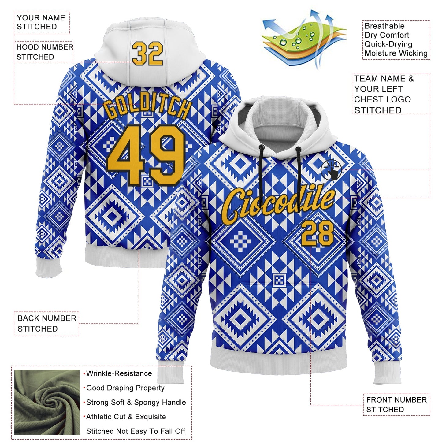Custom Stitched White Gold Blue-Black 3D Mexico Aztec Pattern Sports Pullover Sweatshirt Hoodie view 2