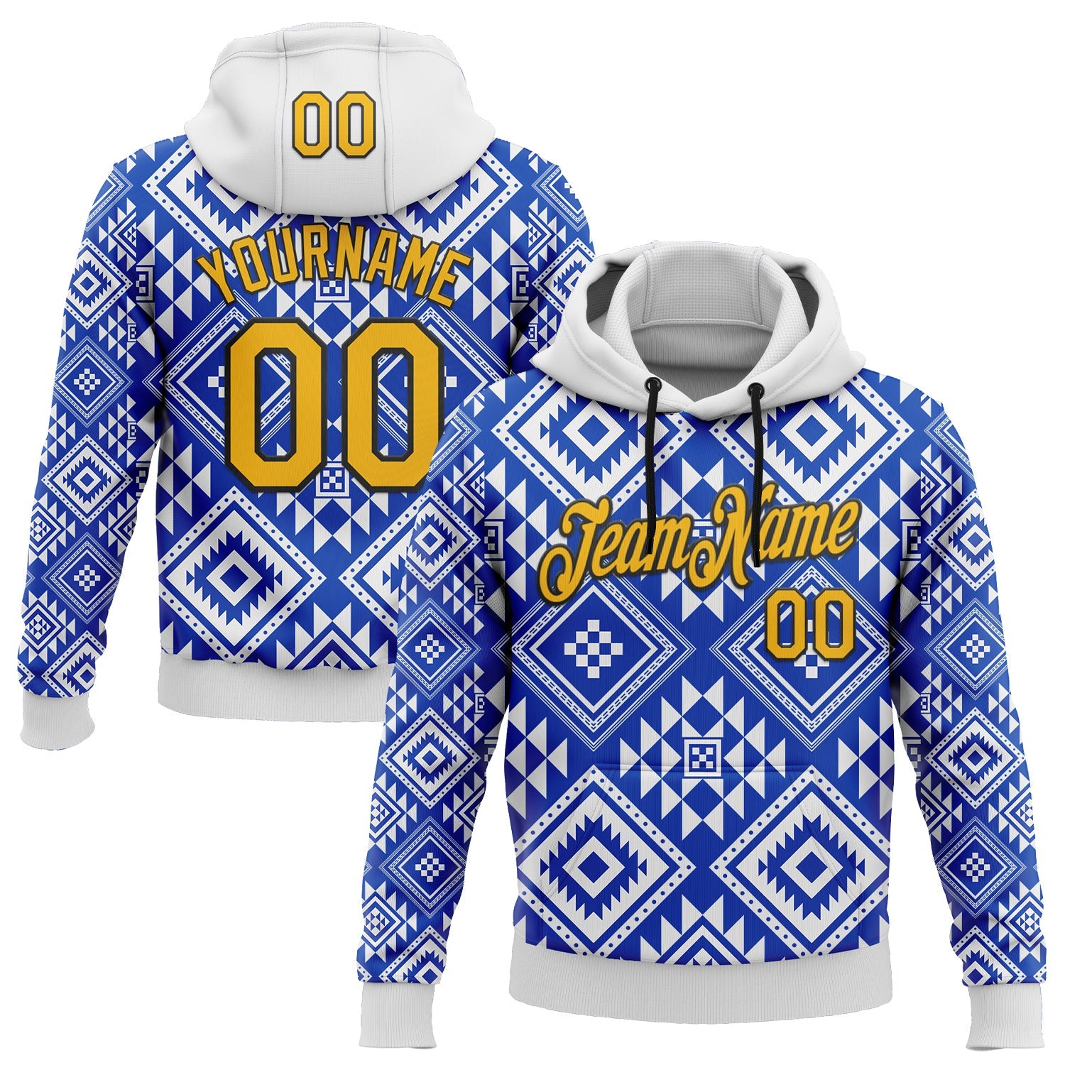 Custom Stitched White Gold Blue-Black 3D Mexico Aztec Pattern Sports Pullover Sweatshirt Hoodie - Main View