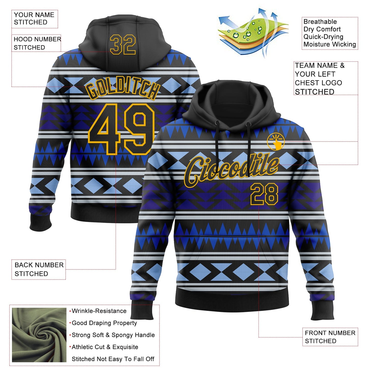 Custom Stitched Black Blue-Gold 3D Mexico Aztec Pattern Sports Pullover Sweatshirt Hoodie view 2