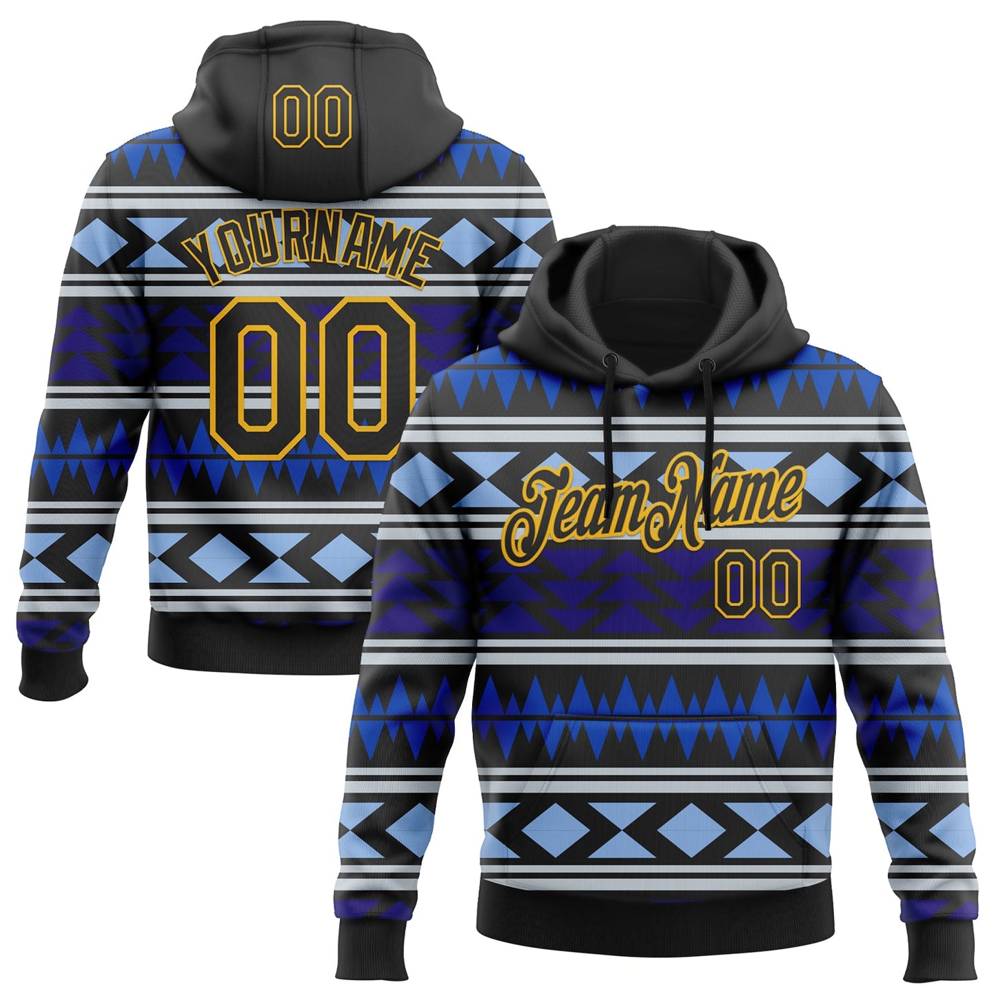 Custom Stitched Black Blue-Gold 3D Mexico Aztec Pattern Sports Pullover Sweatshirt Hoodie - Main View