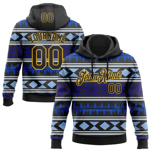 Custom Stitched Black Blue-Gold 3D Mexico Aztec Pattern Sports Pullover Sweatshirt Hoodie - Main View